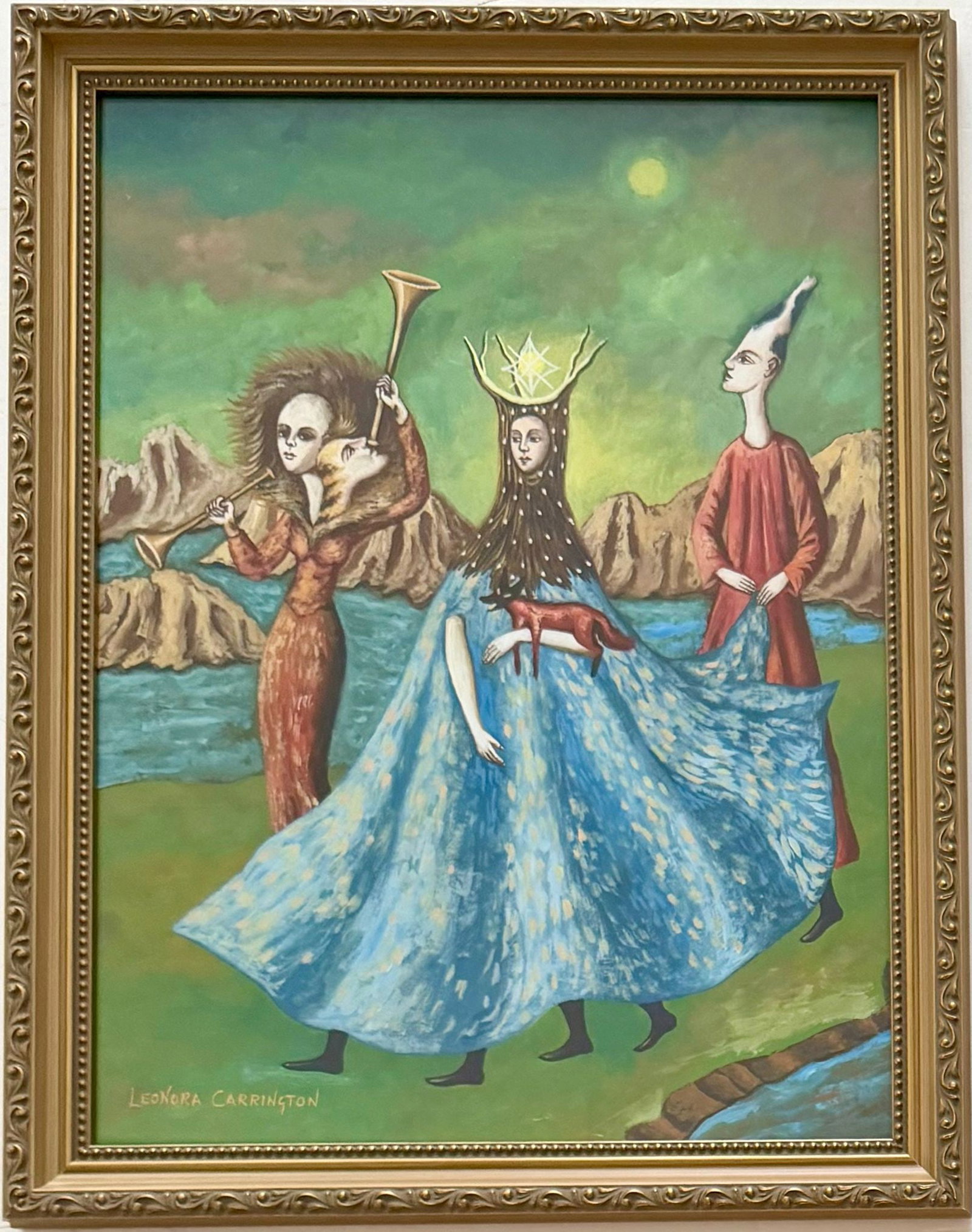Leonora Carrington British 1917-2011 Gouache on paper painting Surrealism,Kahlo , Miro Era.: Title: Mystical Procession Technique: Gouache on paper Measures: 17 x 13 inches (43.2 x 33 cm) Year: Contemporary period Condition: Good condition with light handling wear. The work presents vivid col