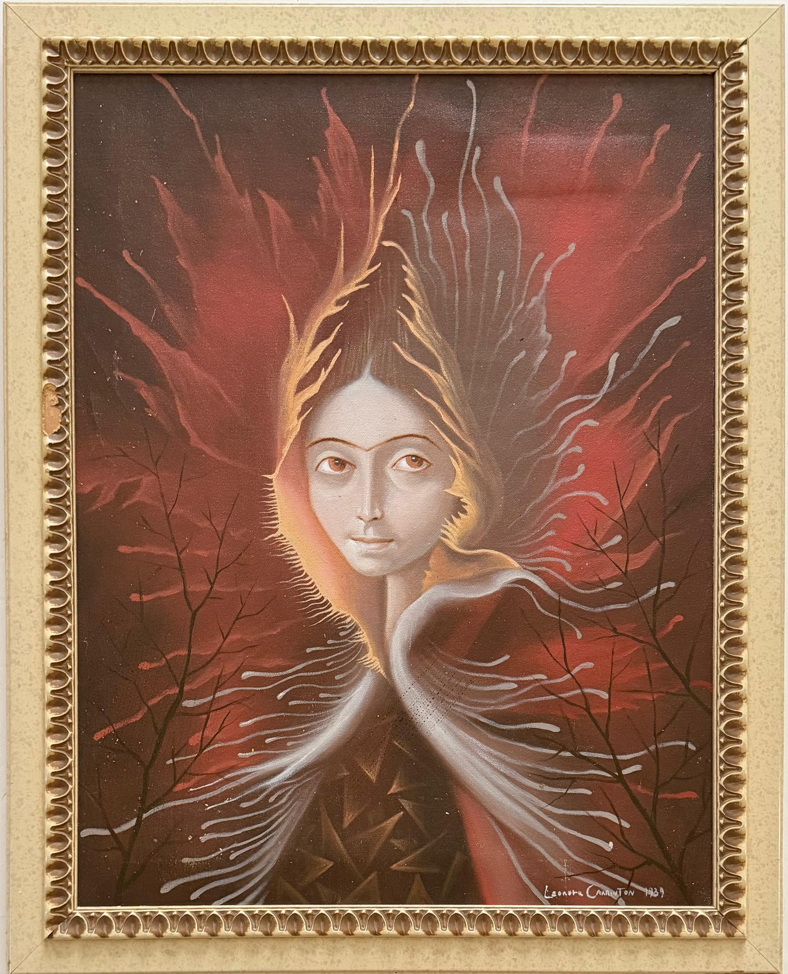 Leonora Carrington British 1917-2011 oil on canvas painting Surrealism,Kahlo , Miro Picasso Era.: Title: Spirit of the Burning Forest Technique: Oil on canvas Measures: 25 x 20 inches Year: Circa 1938 Condition: Good. The painting presents strong visual clarity and a rich, atmospheric palette. Min