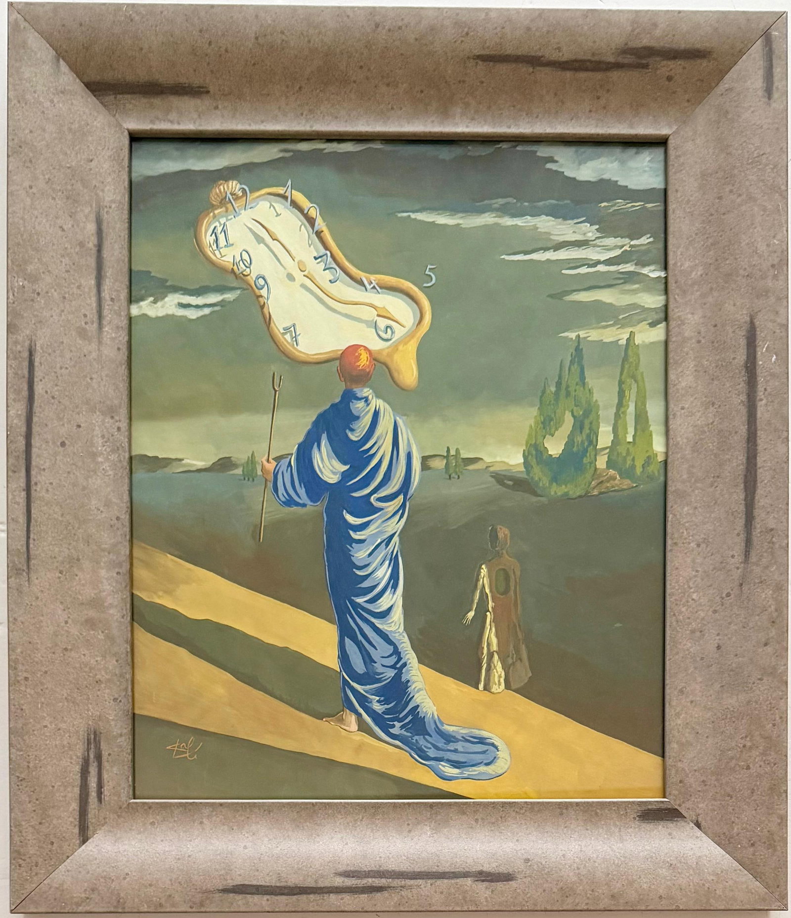 Salvador Dali Spanish 1904 - 1989 Gouache on paper Painting in the style of.Picasso &Dali Surrealism: Title: The Keeper of Melting Time Technique: Gouache on paper Measures: 17 x 14 inches Year: Circa 1962 Condition: Good. The work presents vivid coloration and strong visual clarity, with minor age-re