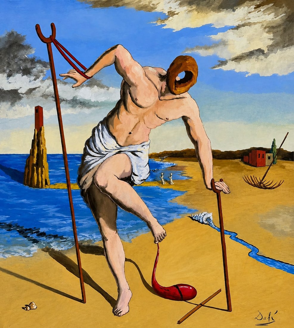 Salvador Dali Spanish 1904 - 1989 Gouache on paper Painting in the style of.Picasso &Dali Surrealism: Title: The Crutched Figure on the Catalonian Shore Technique: Gouache on paper Measures: 15 x 13 inches Year: Circa 1935 Condition: Good. The work presents vivid coloration and strong visual clarity, 