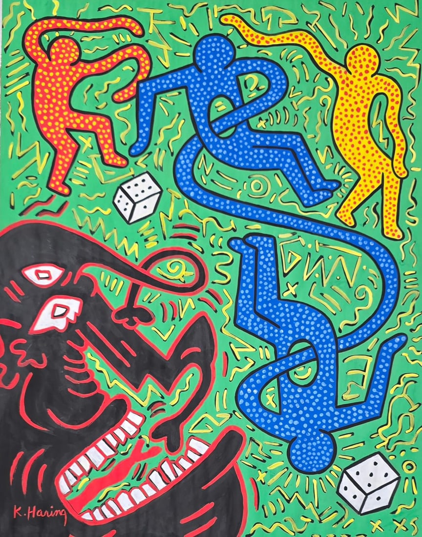 Keith Haring American 1958 - 1990 Gouache on paper In The Style of. Warhol & Haring Pop Art Period.: Title: Dancing Figures with Dog and Dice Technique: Gouache on paper Measures: 17 x 13 inches Year: Circa 1984 Condition: Good. The work presents vivid coloration, crisp graphic definition, and strong