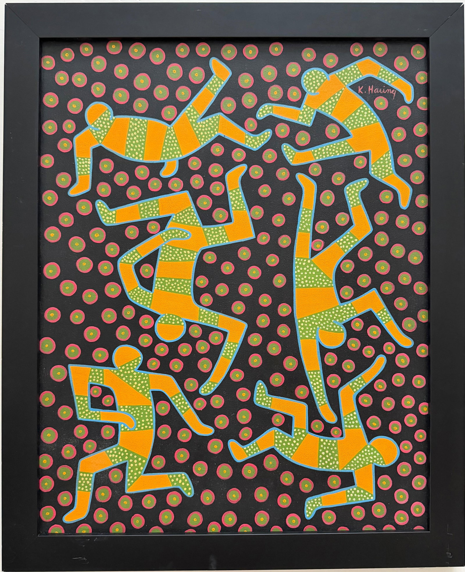 Keith Haring American 1958 - 1990 Acrylic/Canvas In The Style of. Warhol & Haring Pop Art Period.: Title: Dancing Figures in a Field of Circles Technique: Acrylic on canvas Measures: 23 x 18 inches Year: Circa 1983 Condition: Good. The painting presents bold coloration, crisp graphic definition, an