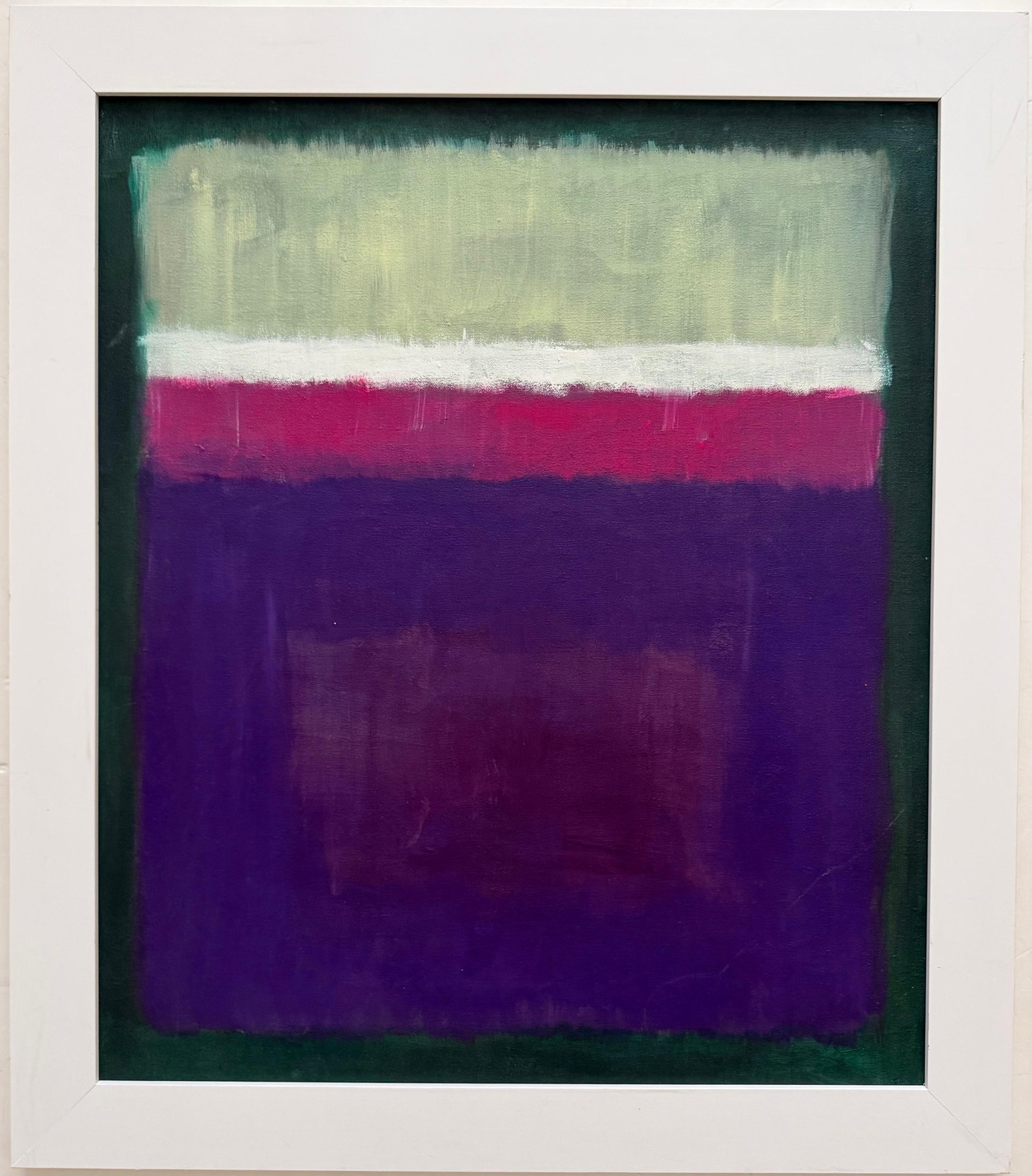 Mark Rothko American1903 - 1970 Oil on Canvas painting in the style of. Pollock, Kline, Abstract Era: Title: Violet, Magenta, and Pale Green Fields Technique: Oil on canvas Measures: 28 x 23 inches Year: Circa 1960 Condition: Good. The painting presents rich coloration and strong visual clarity. Minor