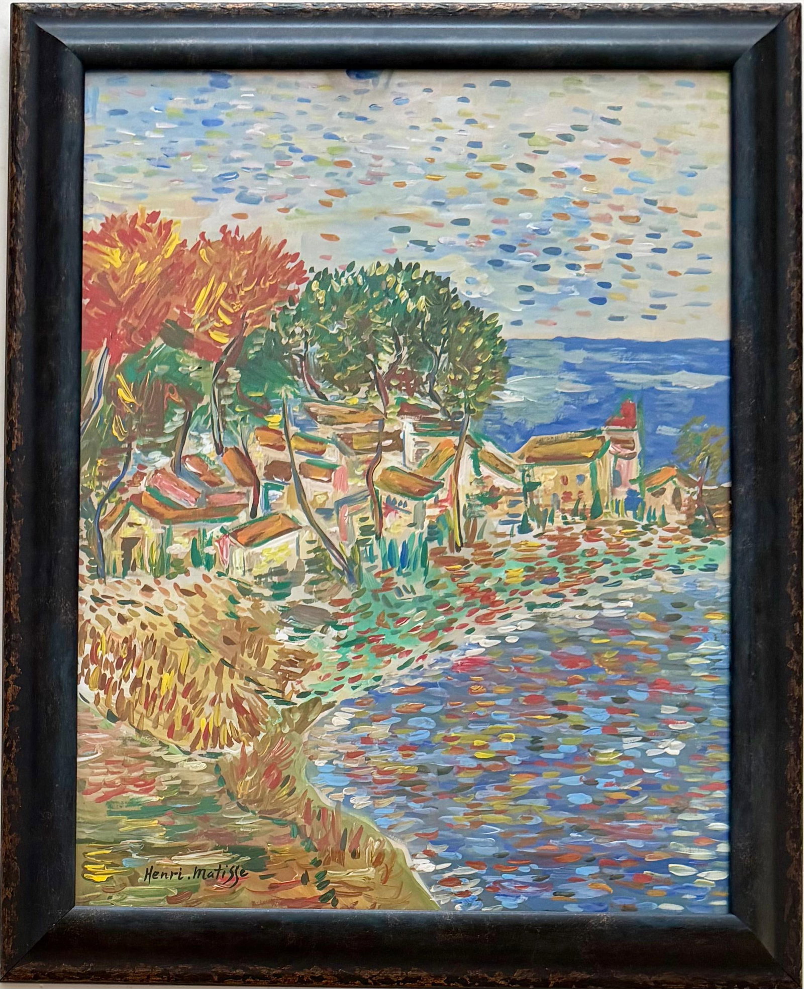 Henri Matisse French1869 -1954 watercolor on paper in the style of Picasso Monet Van Gogh Era: Title: Coastal Village beside a Shimmering Sea Technique: Watercolor on paper Measures: 17 x 13 inches Year: Circa 1905 Condition: Good. The work presents vibrant coloration and strong visual clarity,