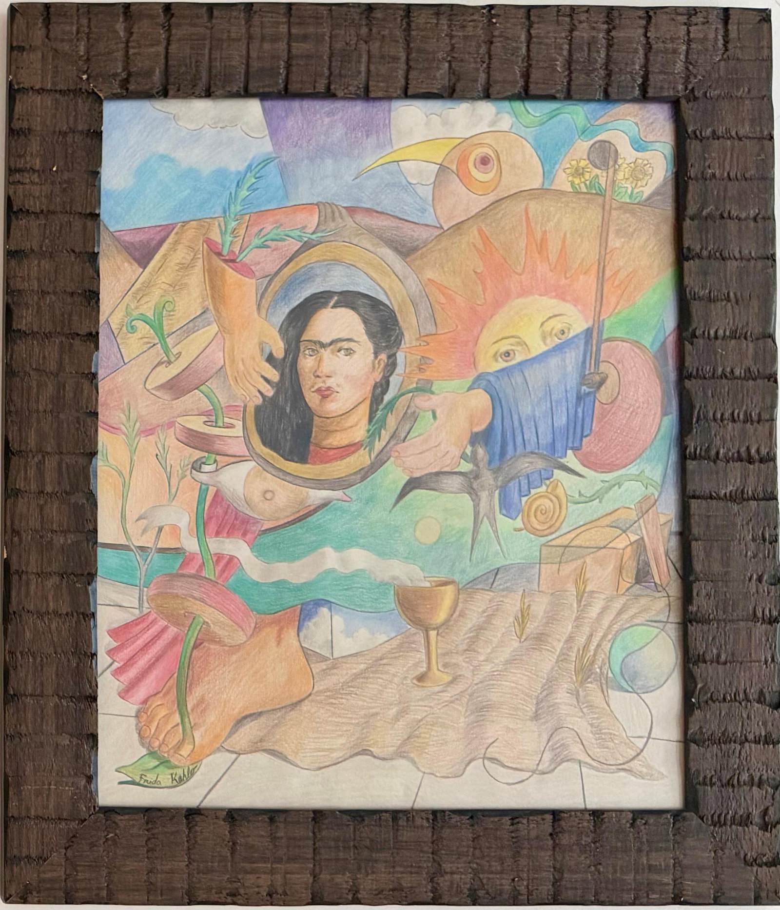 Frida Kahlo Mexican watercolor on paper in the Style of. Dali,Magritte, and Kahlo Surrealist Period. (1 of 5)