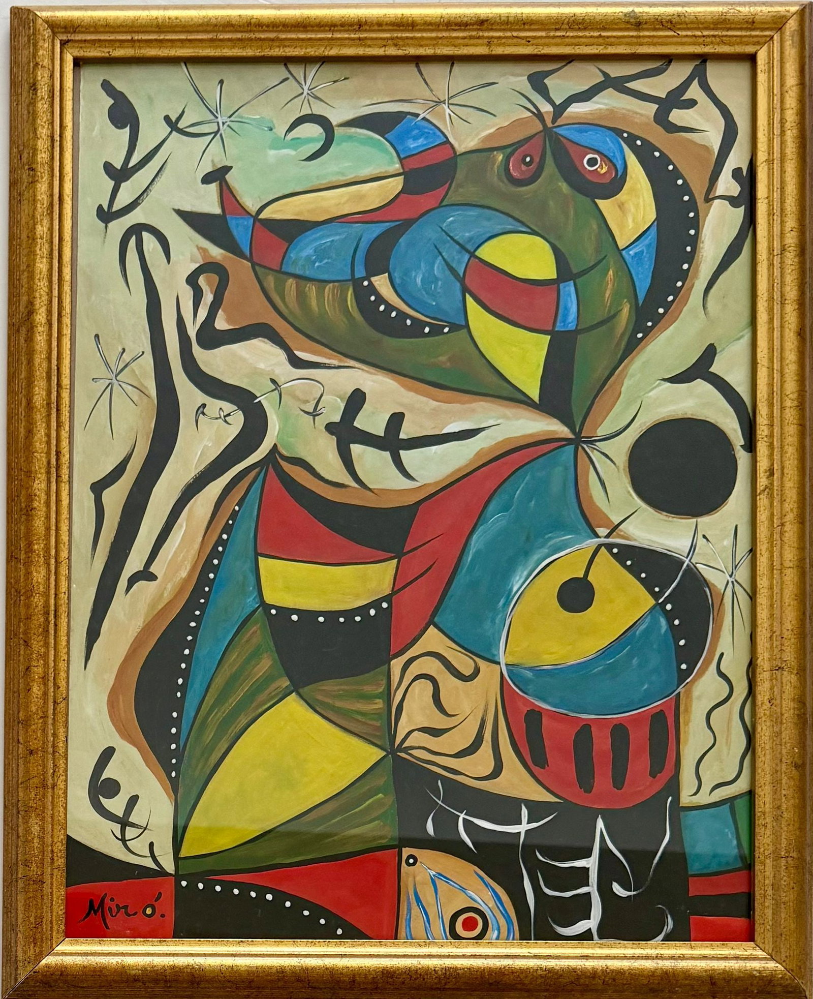 Joan Miro Spanish 1893 - 1983 Gouache on paper in the style of. Dali, Picasso, Magritte, Chagall Era: Title: Birds, Figures, and Celestial Forms Technique: Gouache on paper Measures: 17 x 13 inches Year: Circa 1950 Condition: Good. The work presents vibrant coloration, strong graphic definition, and o