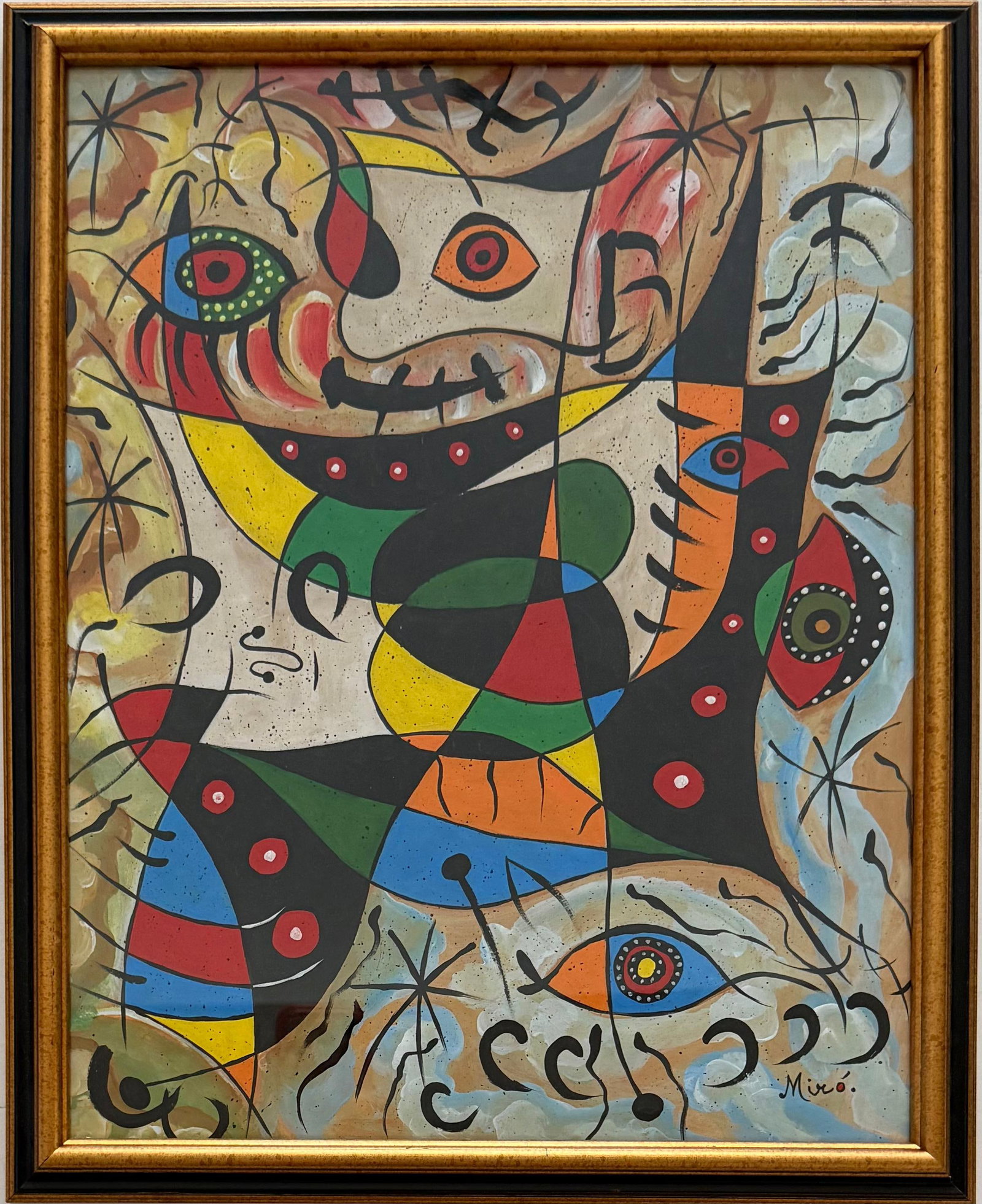 Joan Miro Spanish 1893 - 1983 Gouache on paper in the style of. Dali, Picasso, Magritte, Chagall Era: Title: Birds, Eyes, and Cosmic Signs Technique: Gouache on paper Measures: 17 x 13 inches Year: Circa 1975 Condition: Good. The work presents vivid coloration, strong graphic definition, and overall v