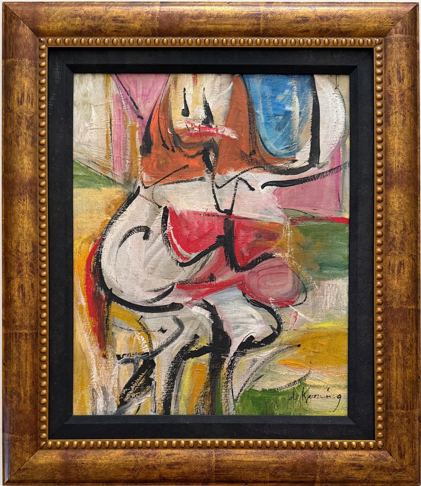 Willem de Kooning American 1904 - 1997Pastel on Paper painting in the style of Pollock Kline: Title: Woman in Pink and Blue Technique: Oil on canvas Measures: 20 x 16 inches Year: Circa 1965 Condition: Good. The painting presents expressive brushwork, vivid coloration, and strong visual clarit