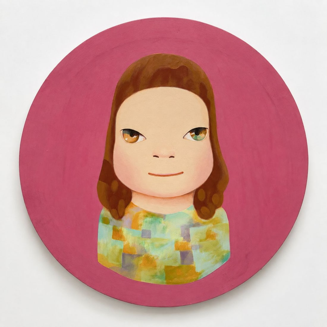 Yoshitomo Nara Acrylic on canvas Japanese painting In the Style of Kusama Pop art: Title: Nowhere Bunny in Somewhere Technique: Acrylic on round canvas Measures: 31 inches in diameter Year: Circa 1998 Condition: Good. The painting presents soft, even coloration and strong visual cla