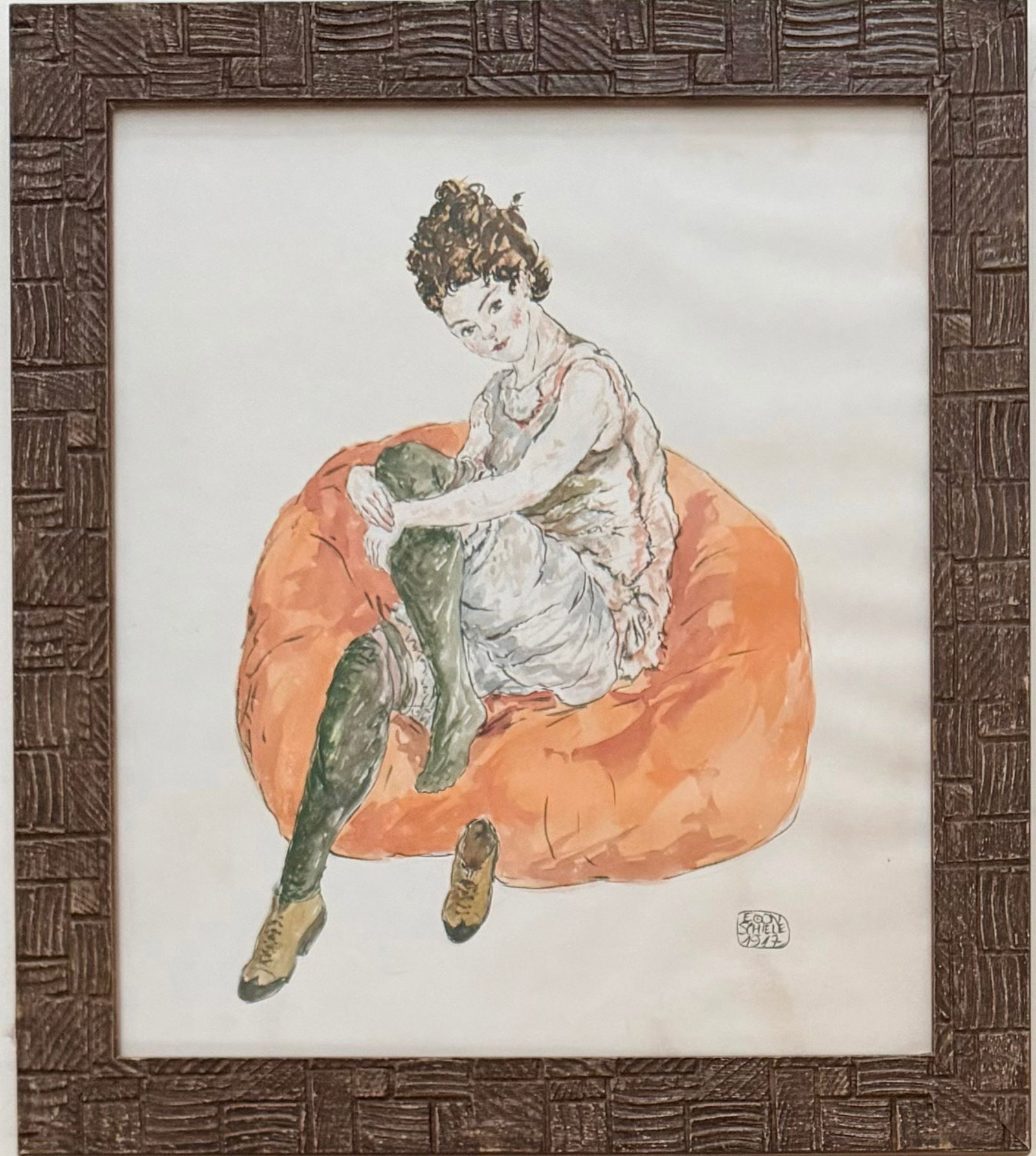 Egon Schiele Austrian 1890-1918 Watercolor on Paper painting in the style of Van Gogh,Monet era: Title: Seated Woman Technique: Watercolor on paper Measures: 15 x 13 inches (38.1 x 33 cm) Year: 1917 Condition: Good. The work presents delicate coloration and expressive linear definition, with mino