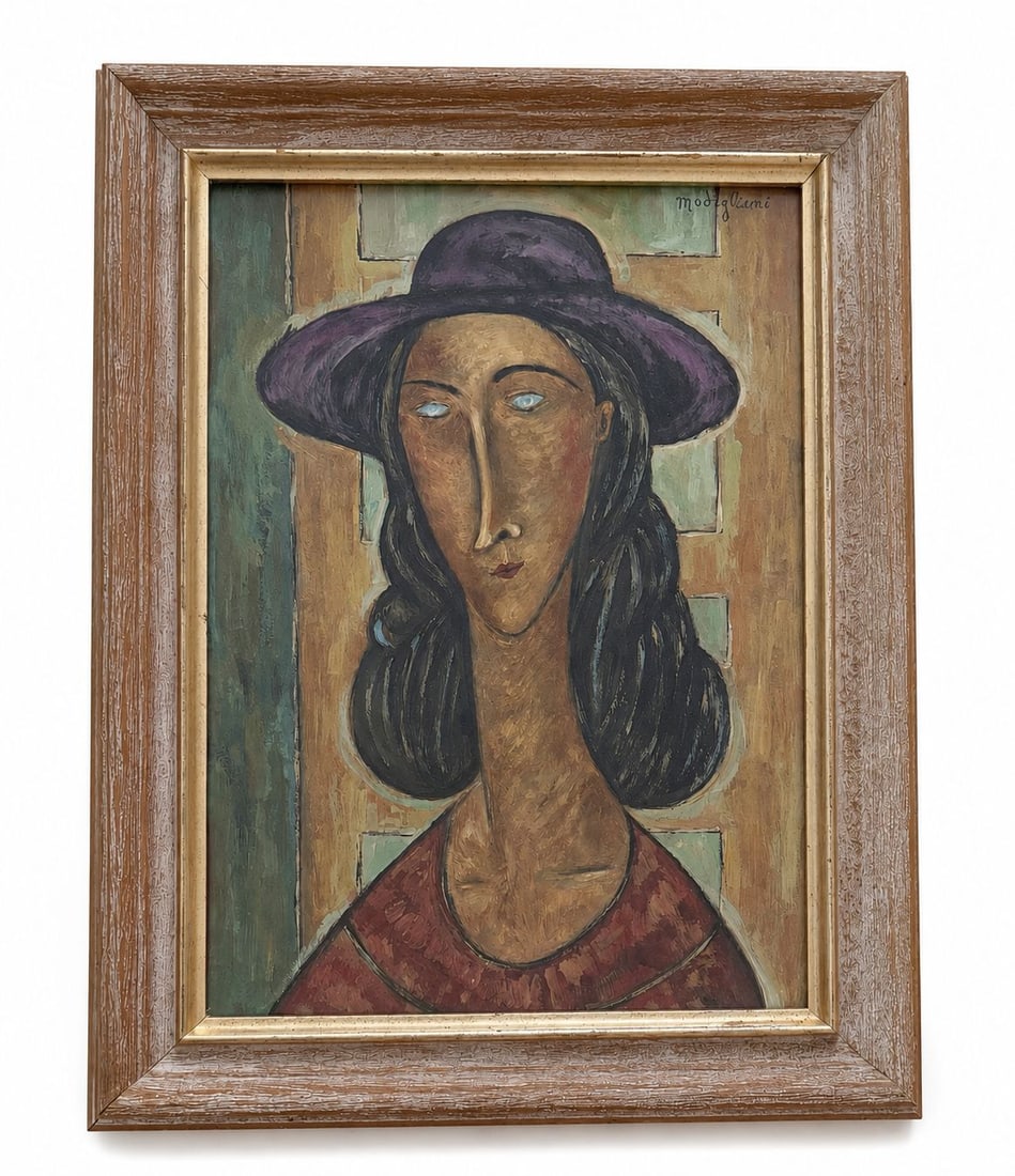 Amedeo Modigliani Italian 1884-1920 Watercolor on paper painting in the style of Monet , Degas Era.: Title: Woman in a Violet Hat Technique: Watercolor on paper Measures: 15 x 11 inches Year: Circa 1918 Condition: Good. The work presents rich coloration, clearly defined contours, and strong visual cl