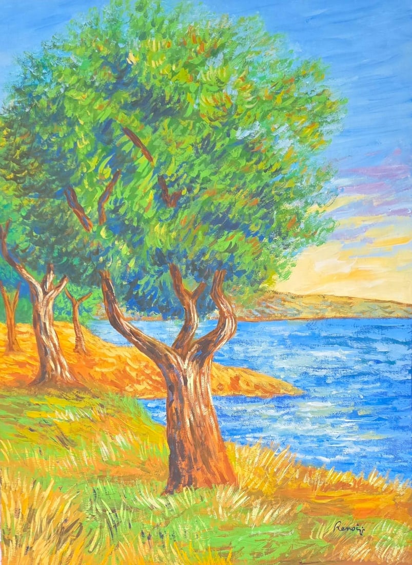 Pierre Auguste Renoir Freanch 1941-1919 watercolor on paper painting in the style of , Monet ,Degas.: Title: Olive Trees along the Blue Coast Technique: Watercolor on paper Measures: 16 x 12 inches Year: Circa 1900 Condition: Good. The work presents vivid coloration, energetic brushwork, and strong vi