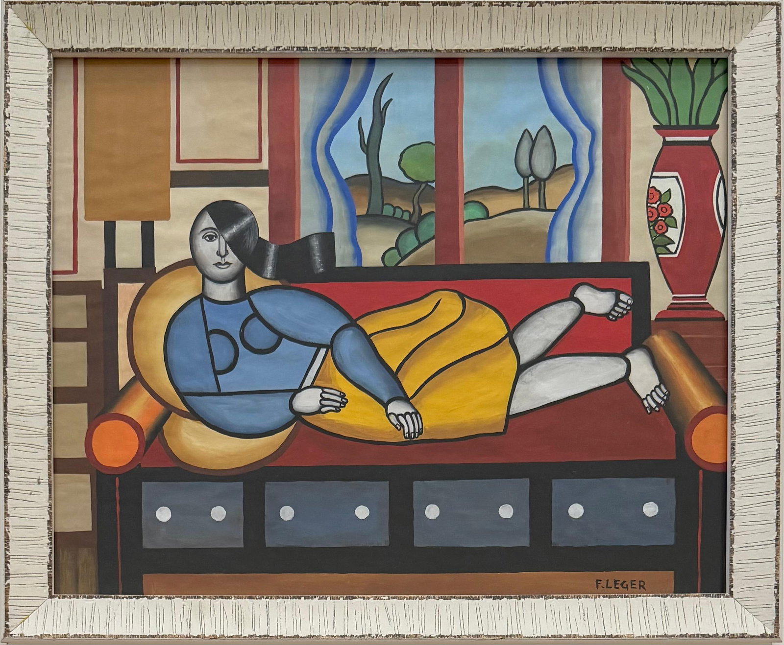 Fernand Leger French 1881-1955 Gouache on paper painting in the style of Cubism Picasso Braque Era: Title: Reclining Woman Technique: Gouache on paper Measures: 18 x 16 inches (45.7 x 40.6 cm) Year: Circa mid-twentieth century Condition: Good. Colors remain vibrant, with minor wear consistent with a
