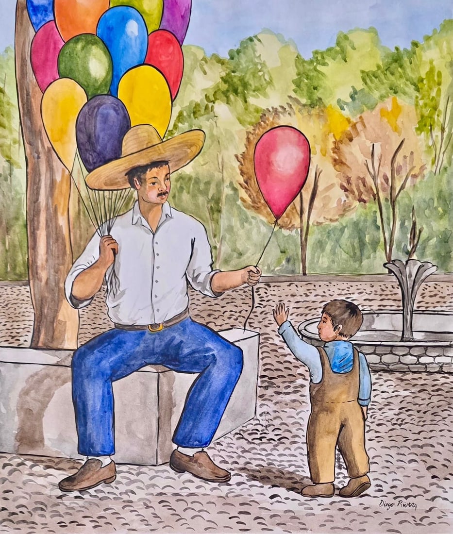 Diego Rivera Mexican 1886-1957 watercolor on paper painting in the style of , Kahlo , Dali Picasso.: Title: Balloon Vendor and Child in the Plaza Technique: Watercolor on paper Measures: 15 x 13 inches Year: Circa 1945 Condition: Good. The work presents vivid coloration, clearly defined figures, and 