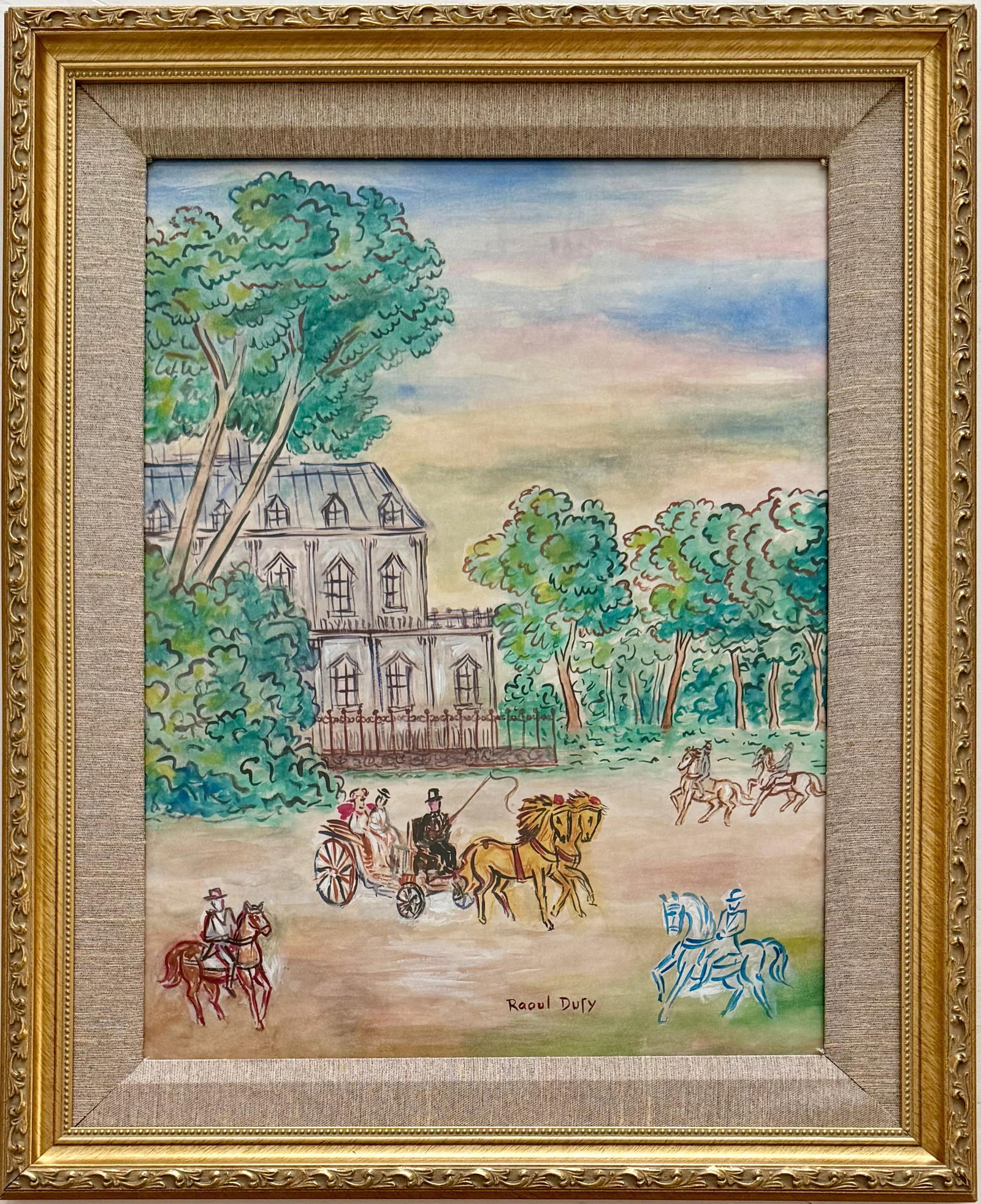 Raoul Dufy French 1877-1955 watercolor on paper painting in the style of , Picasso , Derain,Matisse: Title: Carriages at a Country Estate Technique: Watercolor on paper Measures: 16 x 12 inches (40.6 x 30.5 cm) Year: Circa mid-20th century Condition: Good condition. The watercolor retains attractive 