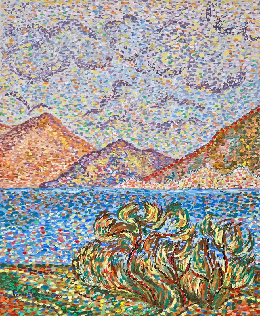 Henri Edmond Cross French 1856-1910 watercolor on paper in the style of Matisse , Monet Era .: Title: Mediterranean Coast with Windswept Trees Technique: Watercolor on paper Measures: 16 x 13 inches (40.6 x 33 cm) Year: Circa 1905 Condition: Good condition. The watercolor retains strong, lumino