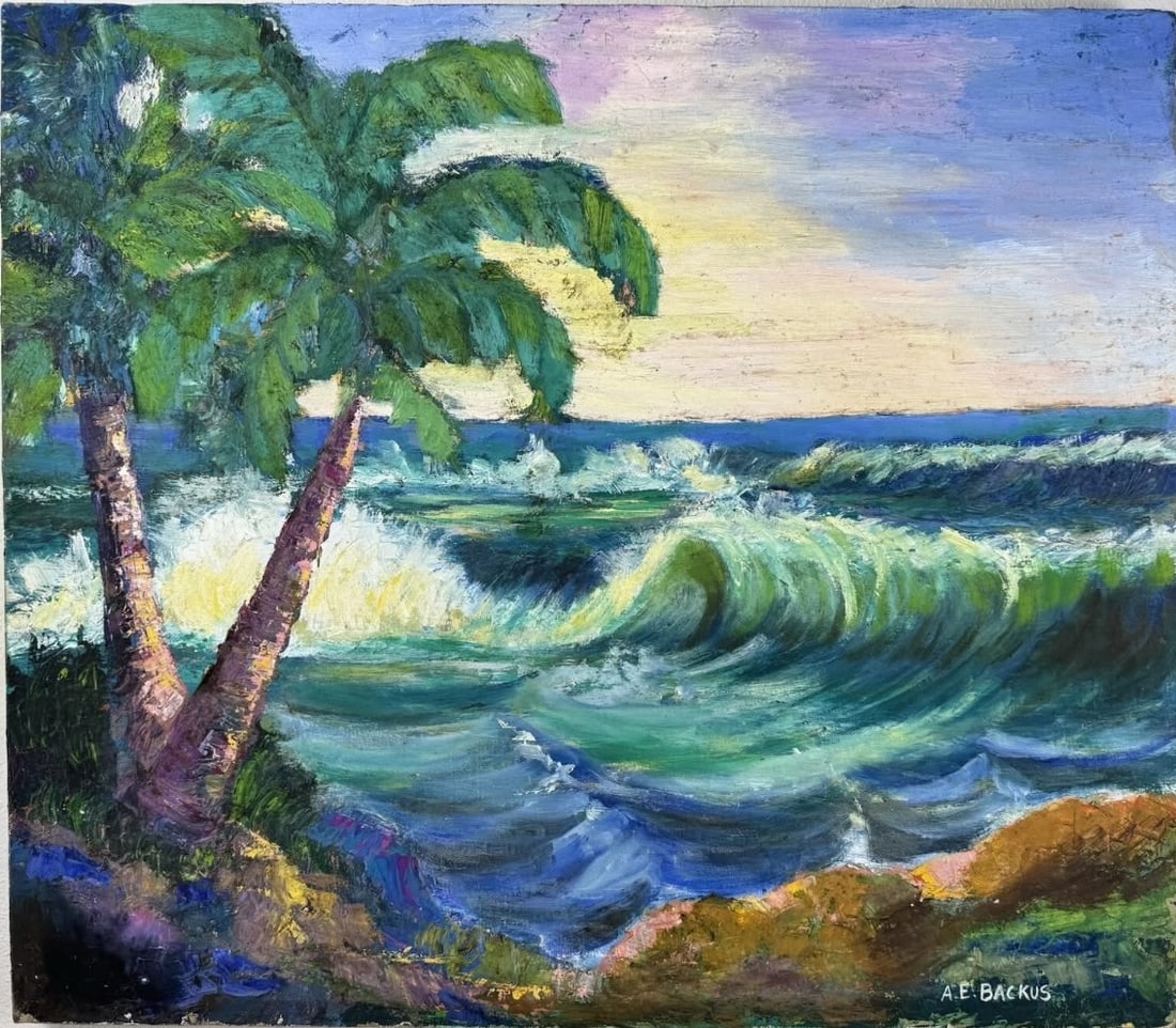 A. E. Backus American 1906-1990 Oil on Canvas painting in the style of Florida Landscape Seascape Er: Title: Florida Seascape Technique: Oil on canvas Measures: 21 x 24 inches (53.3 x 61 cm) Year: Circa mid-to-late 20th century Florida landscape period Condition: Good condition based on the available 