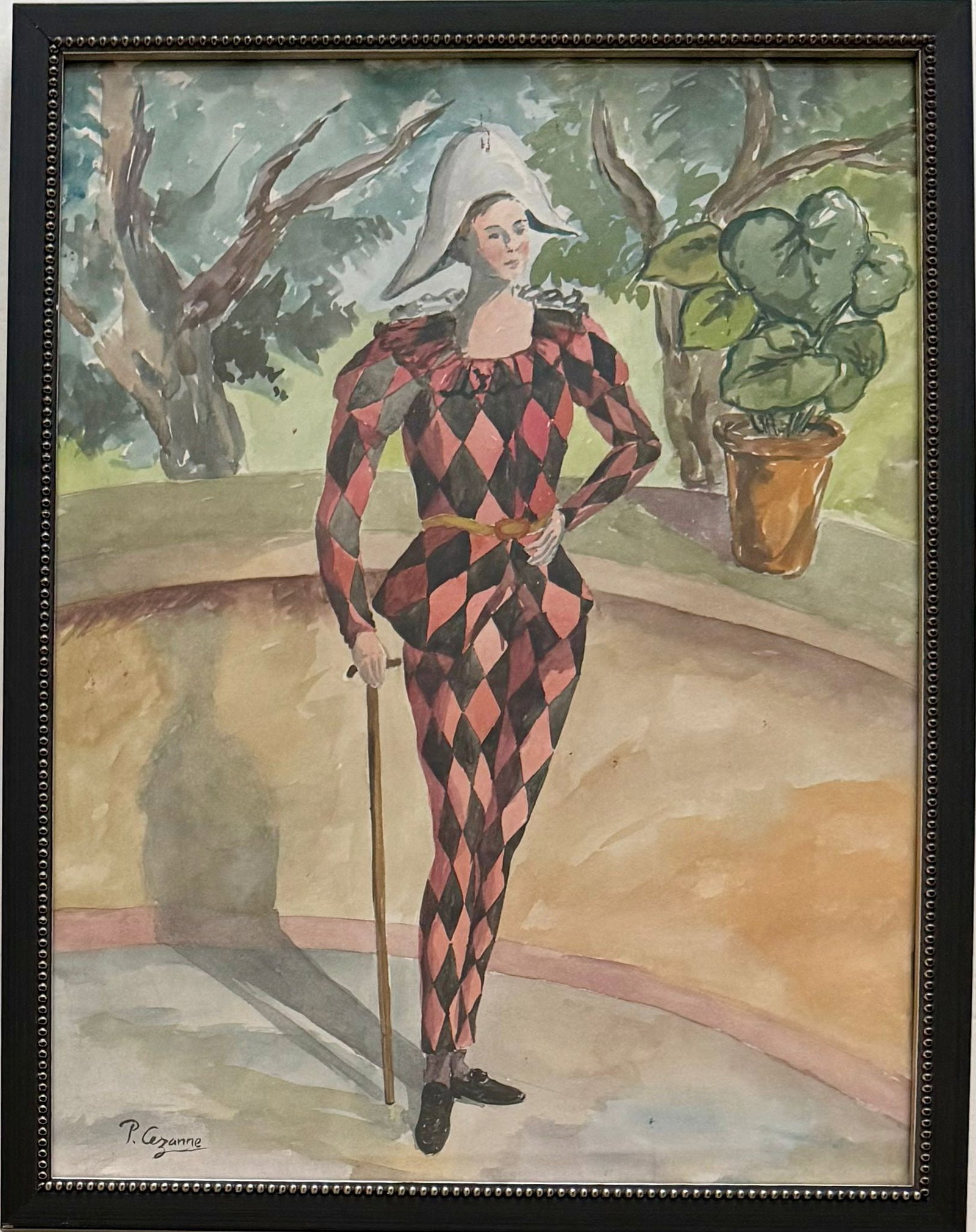 Paul Cezanne French impressionist painter watercolor on paper in the style of.Monet,Van Goght Era: Title: Harlequin in the Garden Technique: Watercolor on paper Measures: 17 x 13 inches (43.2 x 33 cm) Year: Circa late 19th century, Post-Impressionist period Condition: Good condition. The watercolor