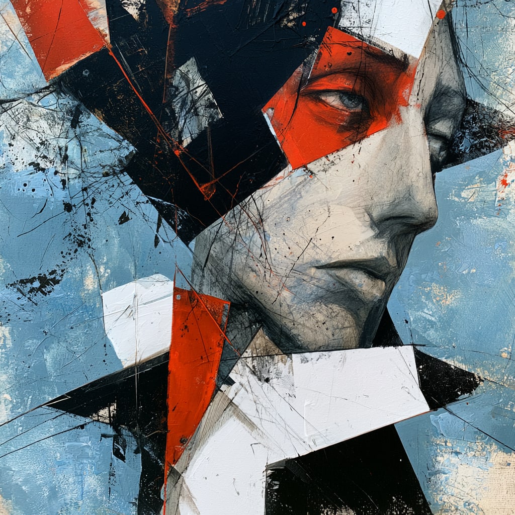 Constructed Identity. Acrylic print on panel. By the IAAG Artists Group. Contemporary.: Title: Constructed Identity Technique: Acrylic print on panel Measures: 20 × 20 inches (51 × 51 cm) Year: Contemporary Description: Constructed Identity reimagines portraiture through intersecting g