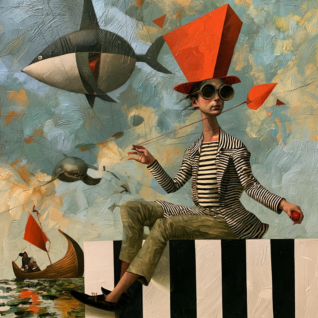 The Navigator. Acrylic print on panel. By the IAAG Artists Group. Contemporary.: Title: The Navigator Technique: Acrylic print on panel Measures: 20 × 20 inches (51 × 51 cm) Year: Contemporary Description: The Navigator presents a surreal figure poised between land, sea, and ima