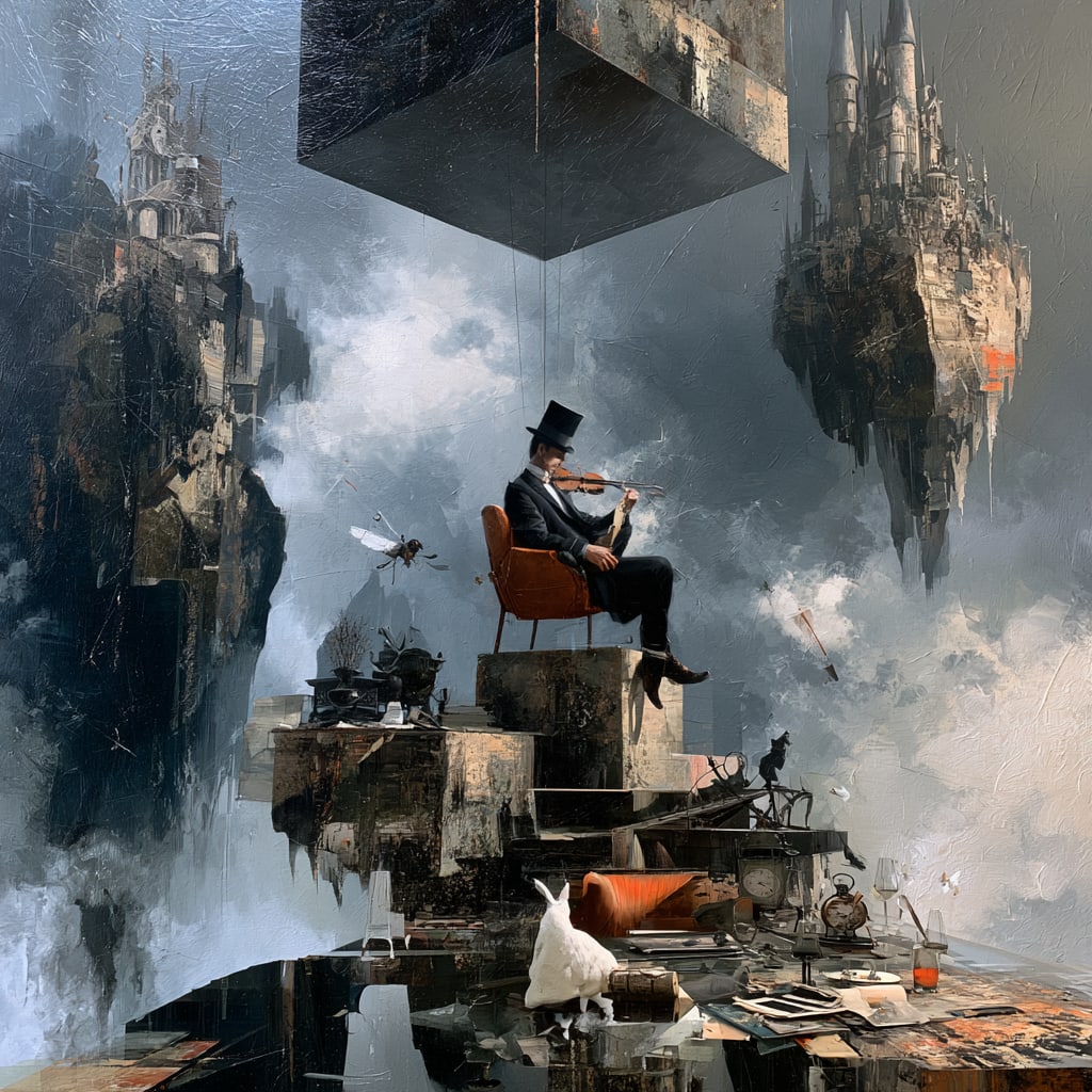 The Last Sonata. Acrylic print on panel. By the IAAG Artists Group. Contemporary.: Title: The Last Sonata Technique: Acrylic print on panel Measures: 20 × 20 inches (51 × 51 cm) Year: Contemporary Description: The Last Sonata places a solitary violinist within an impossible world 