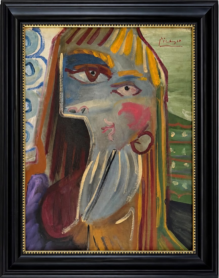 Pablo Picasso Spanish 1881-1973 Oil on Canvas painting in the style of . Dali,Chagall & Picasso Era: Title: Cubist Portrait of a Bearded Man Technique: Oil on canvas Measures: 16 x 12 inches Year: Circa mid-20th century Condition: Good. The painting presents expressive brushwork, strong coloration, a