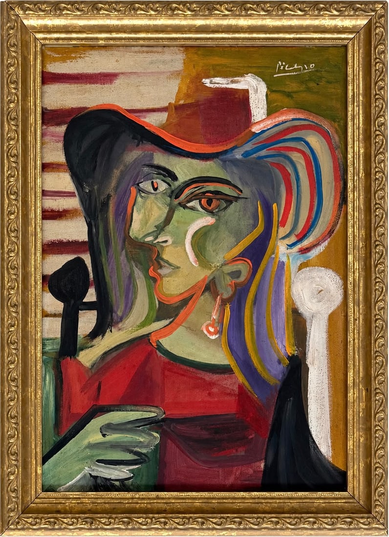 Pablo Picasso Spanish 1881-1973 Oil on Canvas painting in the style of . Dali,Chagall & Picasso Era: Title: Cubist Portrait of a Woman with Striped Hair Technique: Oil on canvas Measures: 15 x 11 inches Year: Circa mid-20th century Condition: Good. The painting presents vibrant coloration, expressive
