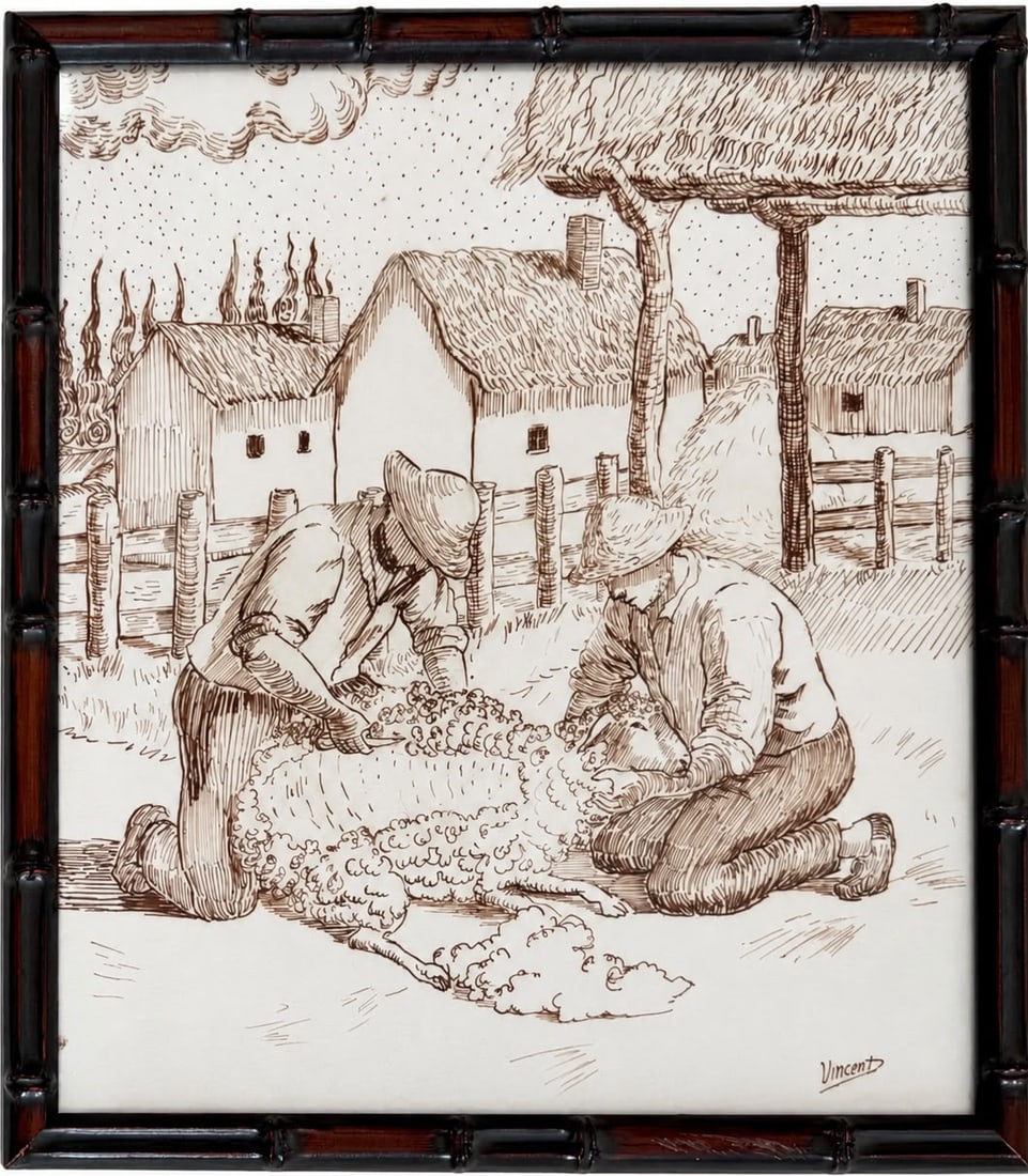 Vincent van Gogh Dutch 1853-1890 Ink on paper painting in the style of,Monet,Degas,Era.: Title: Peasants Shearing Sheep in a Rural Village Technique: Ink on paper Measures: 14 x 12 inches Year: Circa late-19th century Condition: Good. The work presents clear, well-defined linework and str