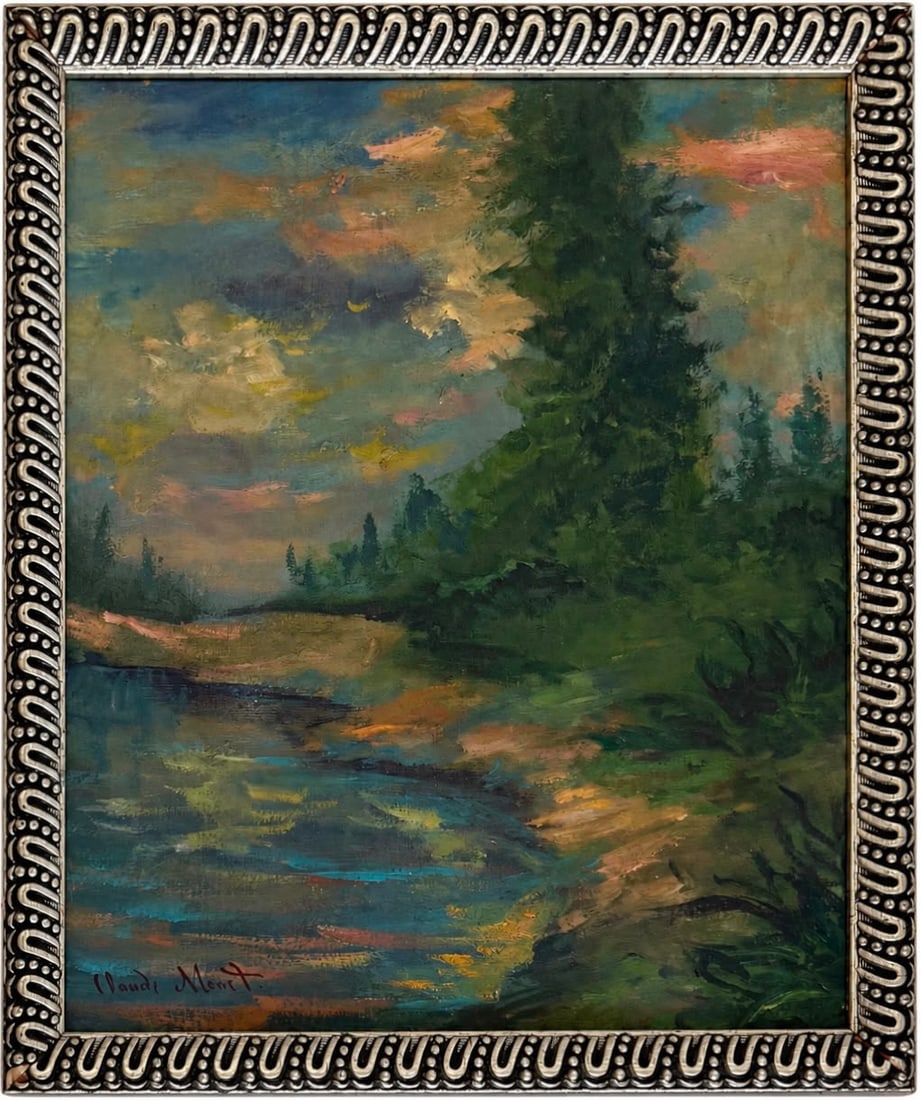 Claude Monet French 1840 - 1926 Oil on canvas in the style of Renoir & Manet Impressionist Era.: Title: Forest River beneath an Evening Sky Technique: Oil on canvas Measures: 12 x 10 inches Year: Circa late-19th century Impressionist period Condition: Good. The painting presents rich coloration, 