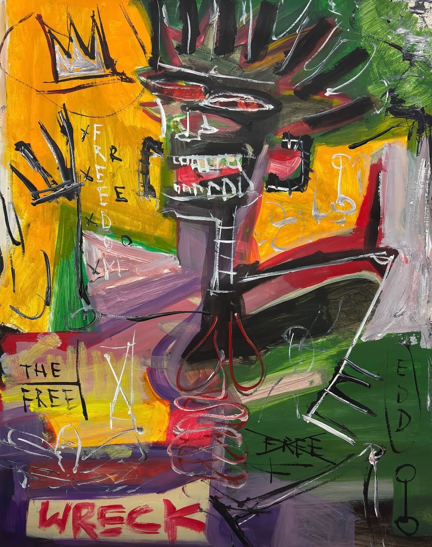 Jean Michel Basquiat, American (1960–1988) Acrylic and oilstick on paper, Warhol, Pollock Era: Title: Crowned Figure with Fragmented Text and Symbols Technique: Oil stick on paper Measures: 19 x 15 inches Year: Circa 1980s Neo-Expressionist period Condition: Good. The work presents vivid colora