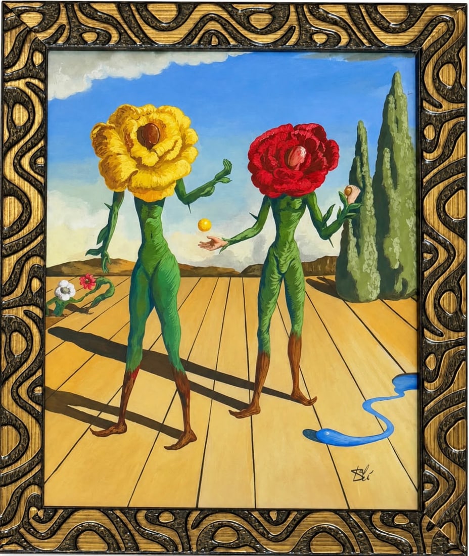 Salvador Dali Spanish 1904 - 1989 Gouache on Paper Painting in the style of.Picasso &Dali Surrealism: Title: Anthropomorphic Flowers in a Surrealist Landscape Technique: Gouache on paper Measures: 15 x 12 inches Year: Circa mid-20th century Surrealist period Condition: Good. The gouache presents vivid