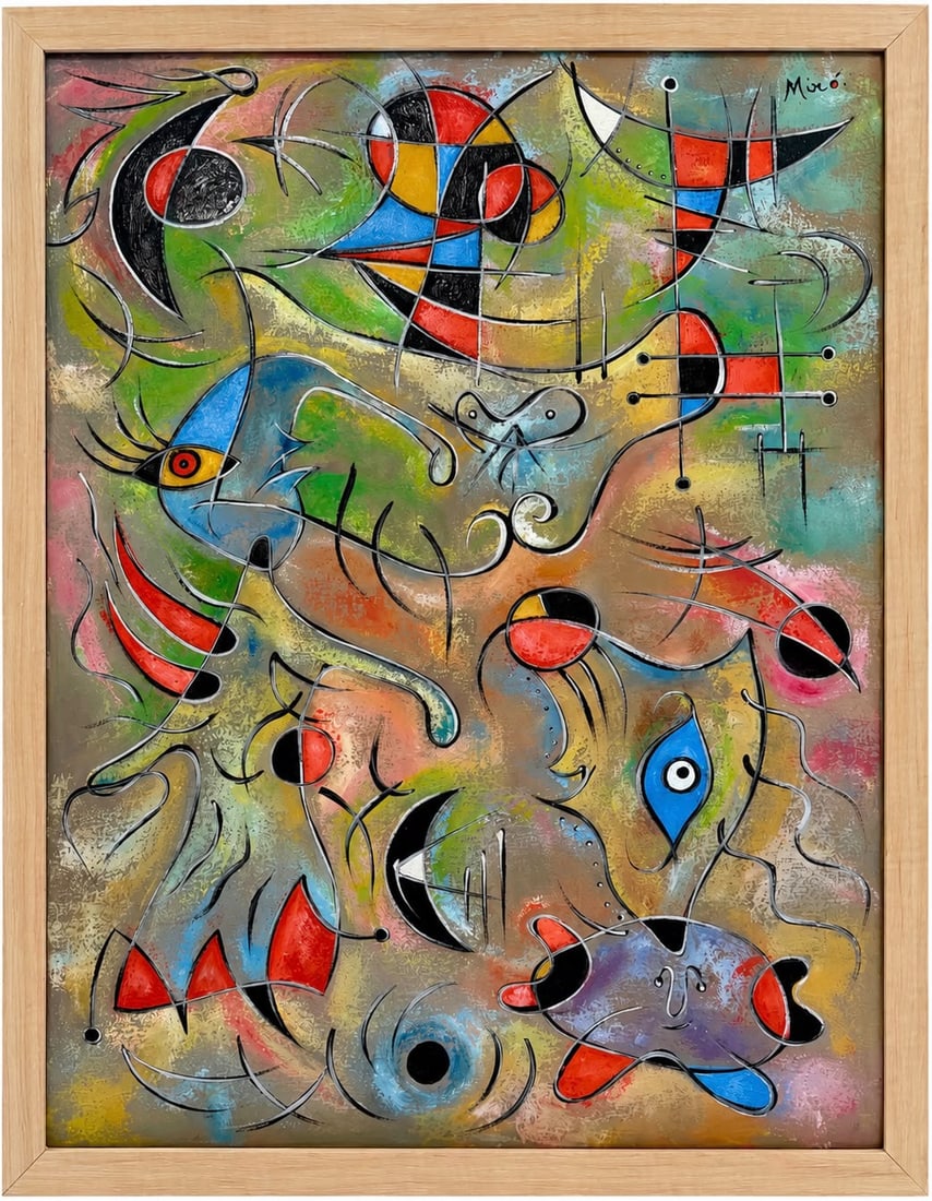 Joan Miro Spanish 1893–1983 Oil on canvas Painting in the style of Picasso, Dali & Calder Era: Title: Biomorphic Figures in a Celestial Field Technique: Oil on canvas Measures: 21 x 16 inches Year: Circa mid-20th century Surrealist period Condition: Good. The painting presents vibrant coloratio