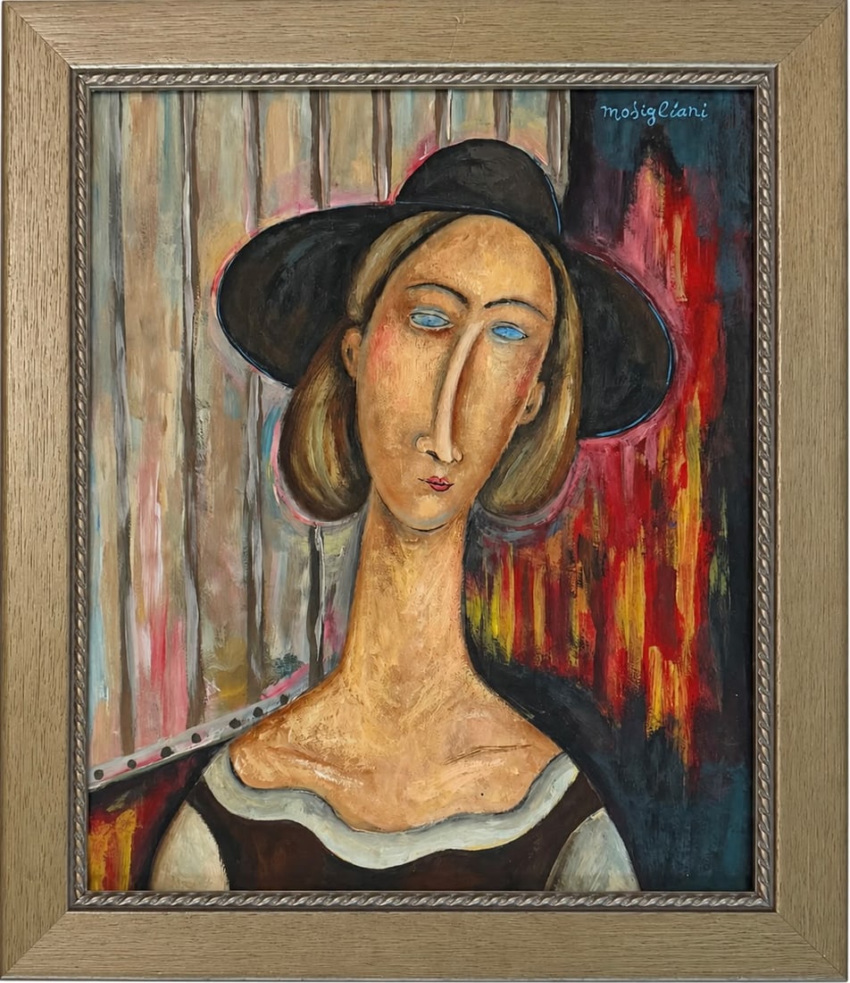 Amedeo Modigliani Italian 1884-1920 Watercolor on Paper painting in the style of,Monet,Van Gogh.Era: Title: Portrait of a Woman in a Wide-Brimmed Black Hat Technique: Watercolor on paper Measures: 16 x 13 inches Year: Circa early-20th century Modernist period Condition: Good. The watercolor presents 