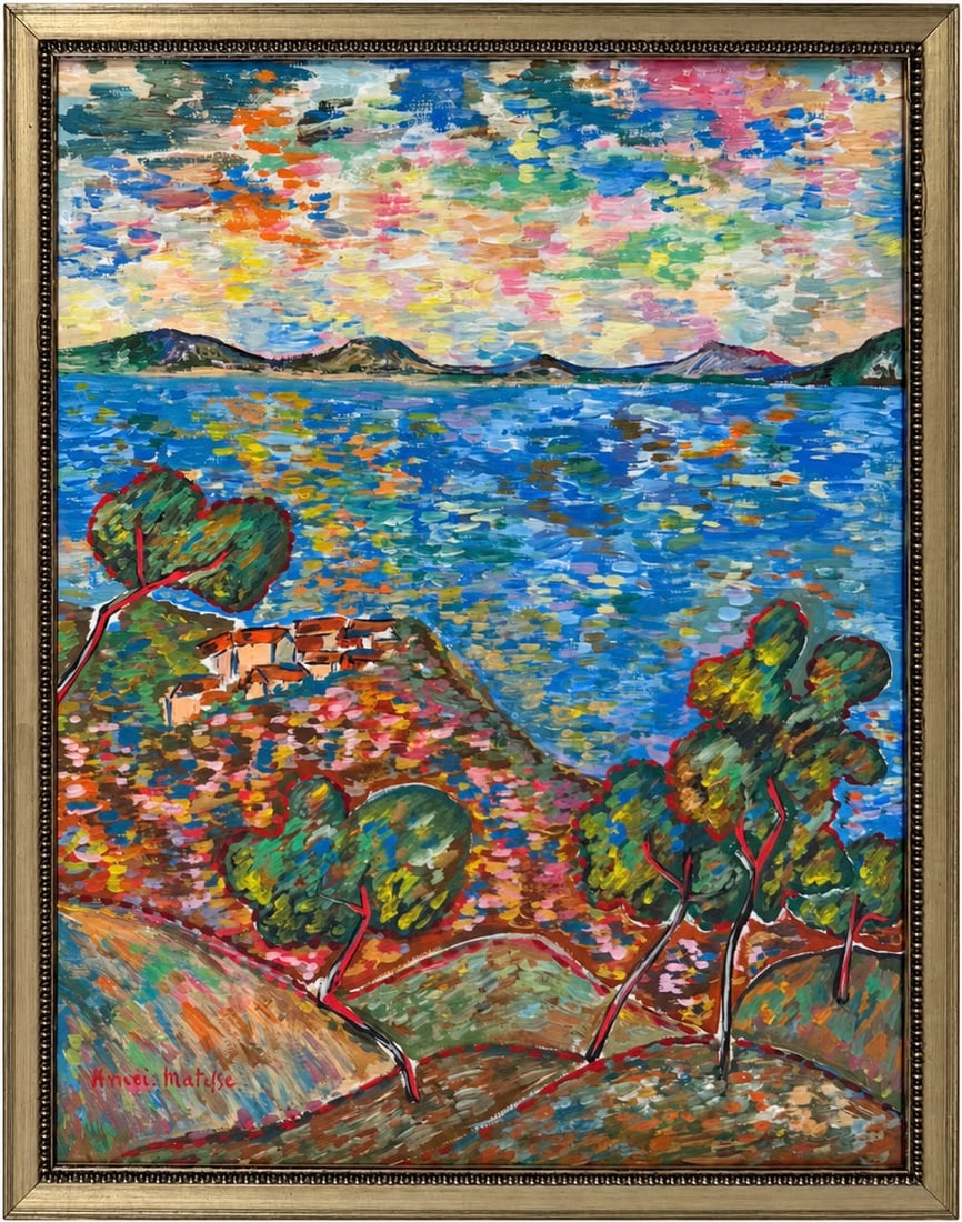 Henri Matisse French1869–1954 Watercolor on paper painting in the style of, Monet , Degas ,: Title: Mediterranean Coastline with Village and Mountains Technique: Watercolor on paper Measures: 17 x 13 inches Year: Circa early-20th century Fauvist period Condition: Good. The watercolor presents