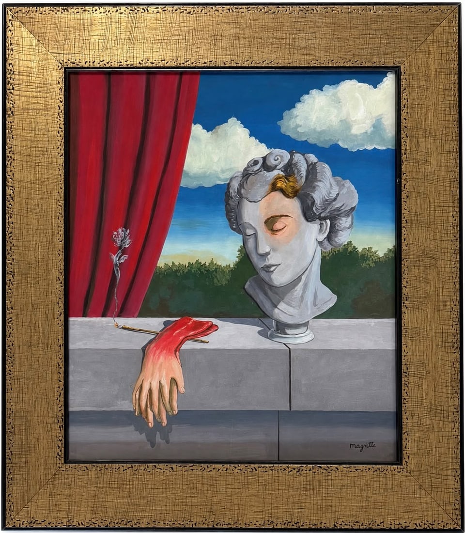 Rene Magritte Belgian 1898 - 1967 Gouache on pape rPainting in the style of.Dali ,Picasso Era.: Title: Classical Bust with a Disembodied Hand and Rose Technique: Gouache on paper Measures: 15 x 13 inches Year: Circa mid-20th century Surrealist period Condition: Good. The gouache presents rich co