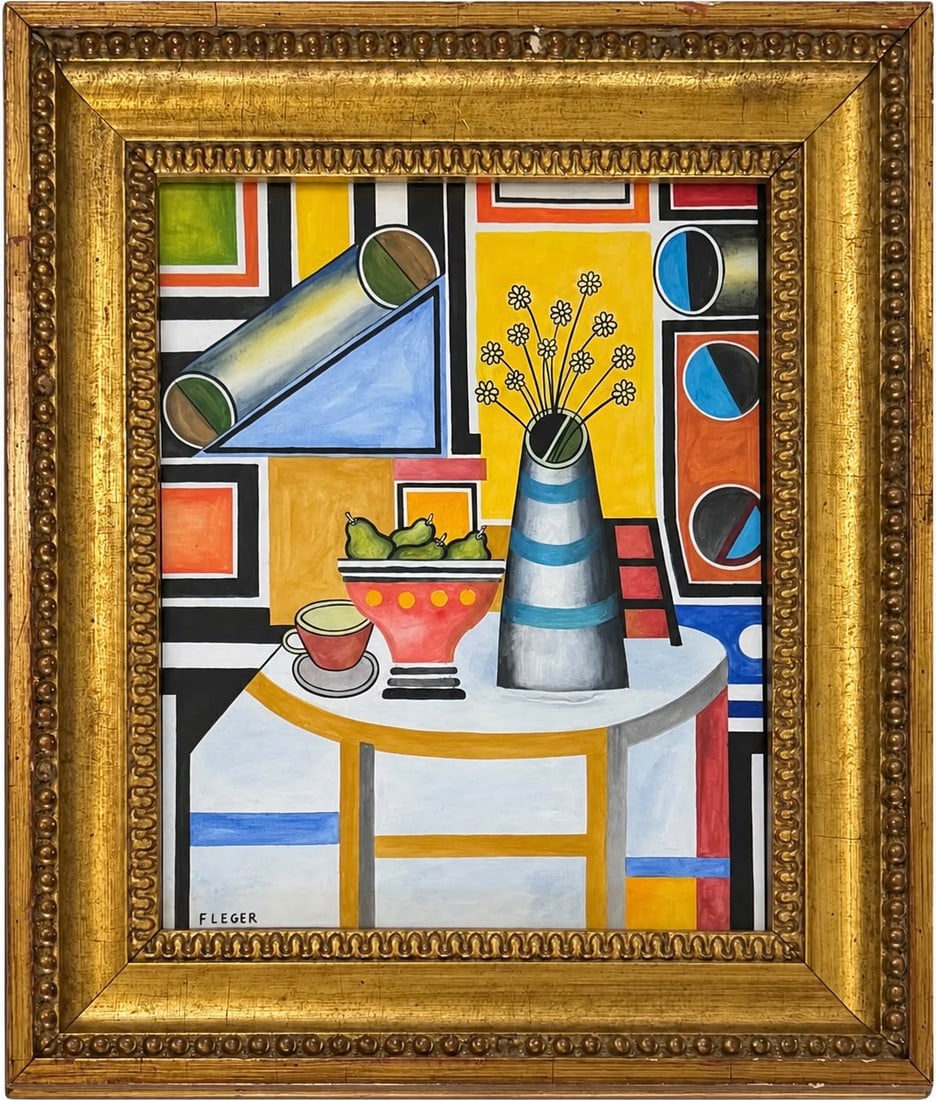 Fernand Leger French 1881-1955 Gouache on paper painting in the style of Cubism Picasso Braque Era: Title: Geometric Still Life with Flowers, Pears, and Cup Technique: Gouache on paper Measures: 14 x 11 inches Year: Circa mid-20th century Modernist period Condition: Good. The gouache presents vibran