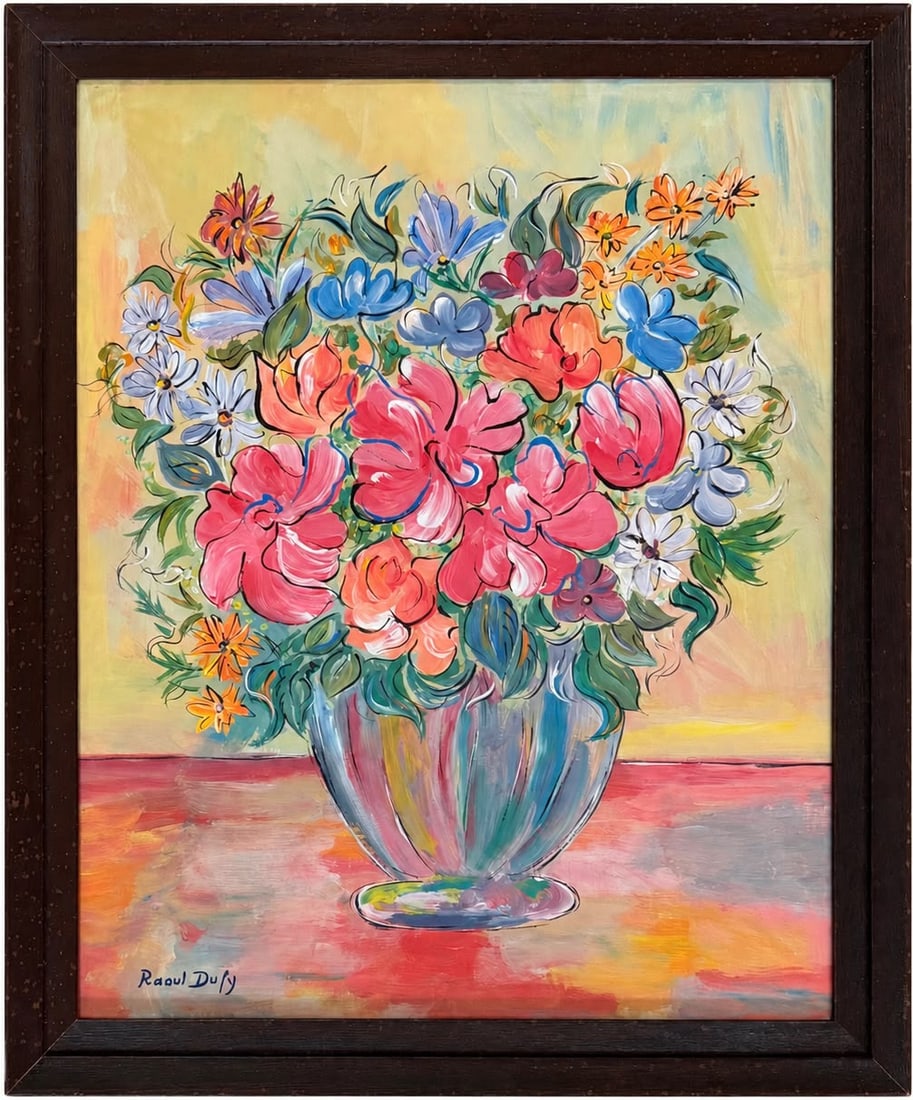 Raoul Dufy French 1877-1955 watercolor on paper painting in the style of , Picasso , Derain,Matisse: Title: Colorful Bouquet in a Glass Vase Technique: Watercolor on paper Measures: 17 x 13 inches Year: Circa early-to-mid-20th century Modernist period Condition: Good. The watercolor presents vibrant 