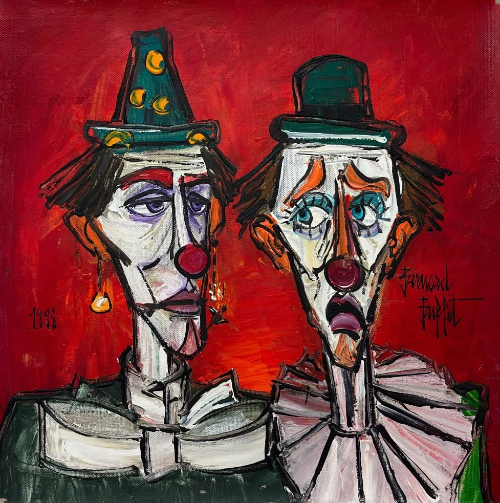Bernard Buffet French 1928-1999 Oil on Canvas painting in the style of ,Picasso , Dali, Chagall Era.: Title: Two Clowns against a Red Background Technique: Oil on canvas Measures: 15 x 15 inches Year: Dated 1993 Condition: Good. The painting presents vivid coloration, expressive brushwork, and strong 