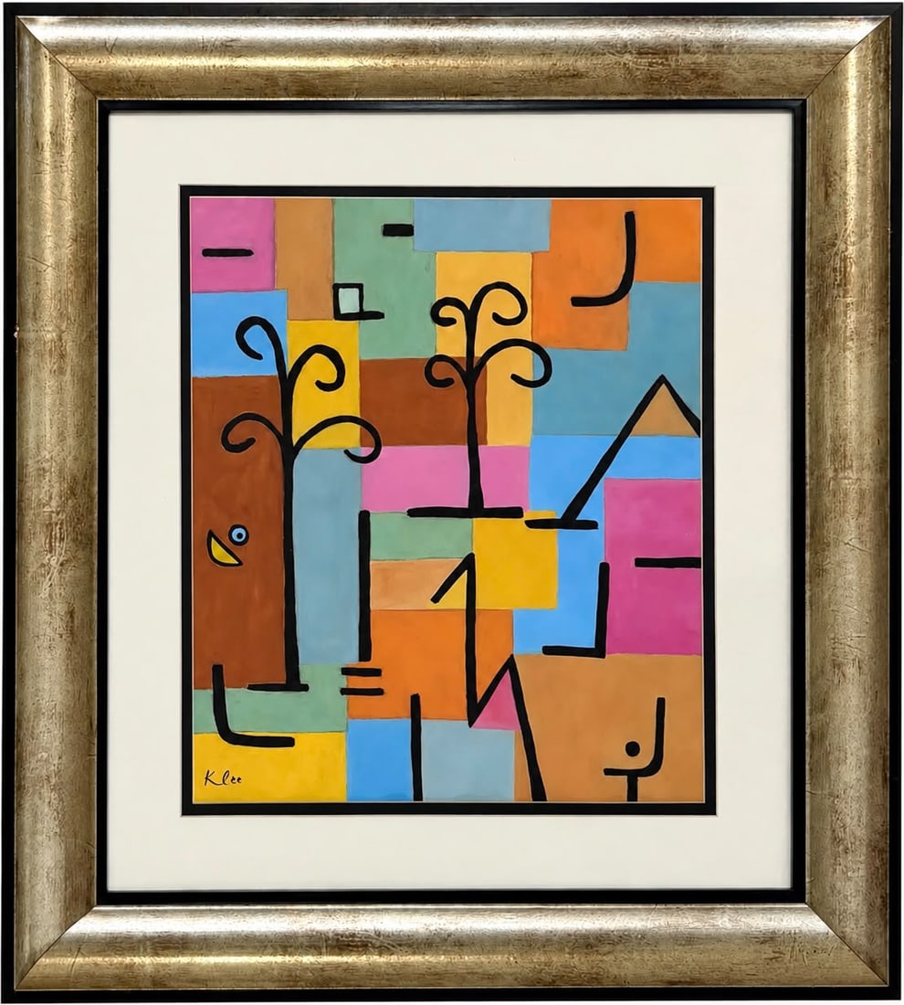 Paul Klee Swiss 1879-1949 Watercolor on paper painting in the style of,Matisse, Picasso , Modigliani: Title: Abstract Garden with Trees and Geometric Symbols Technique: Watercolor on paper Measures: 19 x 17 inches Year: Circa early-20th century Modernist period Condition: Good. The watercolor presents