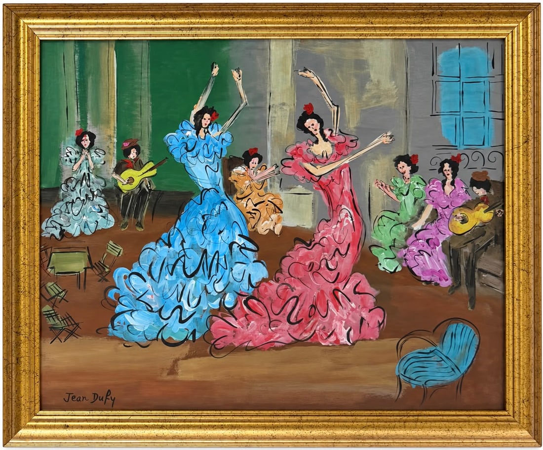 Jean Dufy French 1888-1964 watercolor on paper painting in the style of,Matisse, Picasso ,Modigliani: Title: Flamenco Dancers and Musicians in a Spanish Interior Technique: Watercolor on paper Measures: 13 x 16 inches Year: Circa mid-20th century Modernist period Condition: Good. The watercolor presen