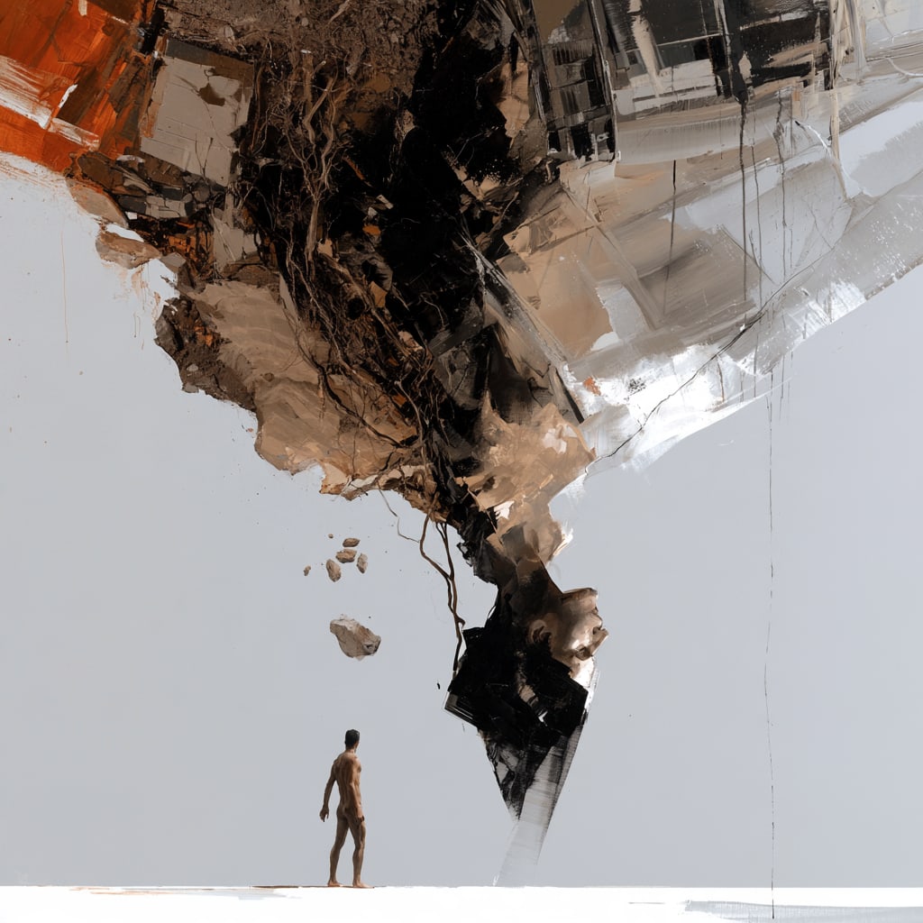 THE BURDEN ABOVE. Unique 1/1 Contemporary Work. By IAAG Artists Group.: Title: The Burden Above Artist: IAAG Artists Group Technique: Artist-directed digital composition incorporating generative technologies; acrylic print on panel Measures: 20 × 20 inches (51 × 51 cm) 