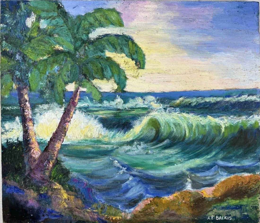 A. E. Backus American 1906-1990 Oil on Canvas painting in the style of Florida Landscape Seascape Er: Title: Florida Seascape Technique: Oil on canvas Measures: 21 x 24 inches (53.3 x 61 cm) Year: Circa mid-to-late 20th century, Florida landscape period Condition: Good condition based on the available