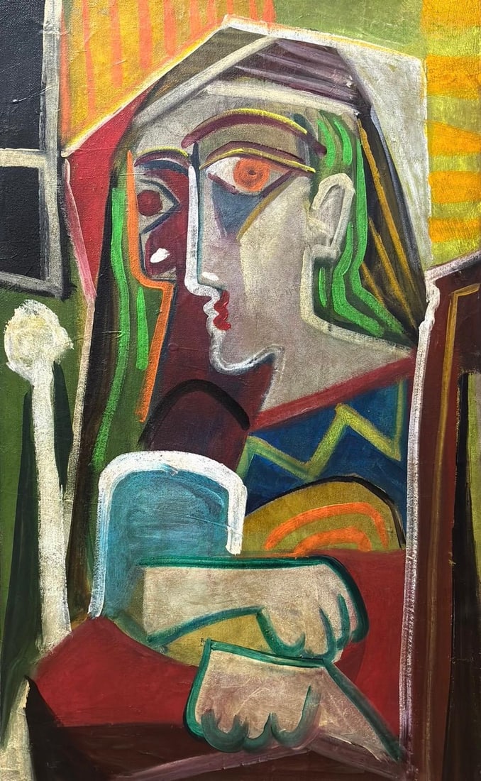 Pablo Picasso Spanish 1881-1973 Oil on Canvas Painting: Title: Untitled Technique: Oil on canvas Measures: 24 × 15 inches (60.9 × 38.1 cm) Year: Circa 1960 Condition: The painting is in good overall condition. The pigment layers remain stable with visibl