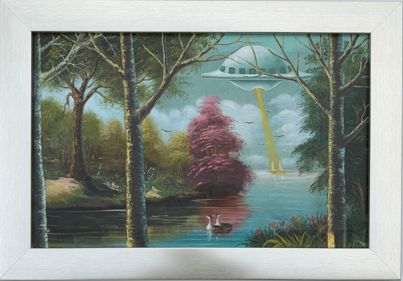 Banksy British (B.1974) Oil on canvas: Title: Invasion UFO Technique: Oil on Canvas Measures: 18 × 28 inches Year: Executed in 2005 Condition:Good — the canvas appears stable and well preserved, with strong color retention and intact su