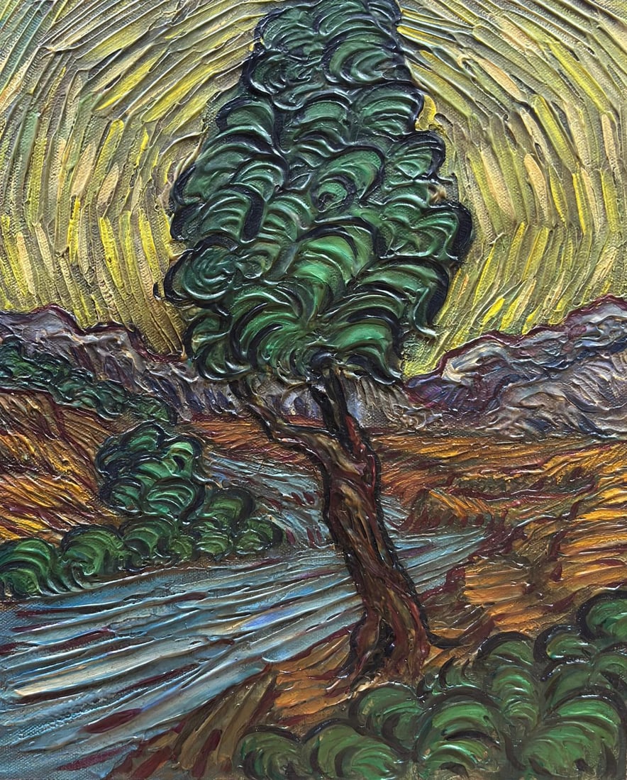 Vincent Van Gogh Dutch 1853-1890 Oil on Canvas: Title:Landscape Technique:Oil on canvas Measures:11 × 9 inches(27.9 × 22.9 cm) Year:Undated Condition:The painting is in good overall condition. The canvas is stable and well-stretched. Thick, expre