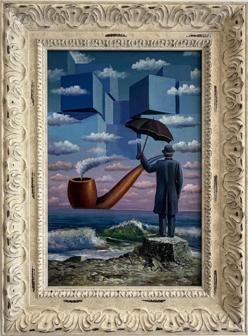 Rene Magritte Belgian 1898 - 1967 Oil on Canvas Painting in The Style of Dali, Picasso Era: Title: The Dream of the Smoker Technique: Oil on Canvas Measures: 24 in x 16 inches Year: Circa 1952 Condition: Good — stable, with minor surface wear and light craquelure consistent with ageProvena