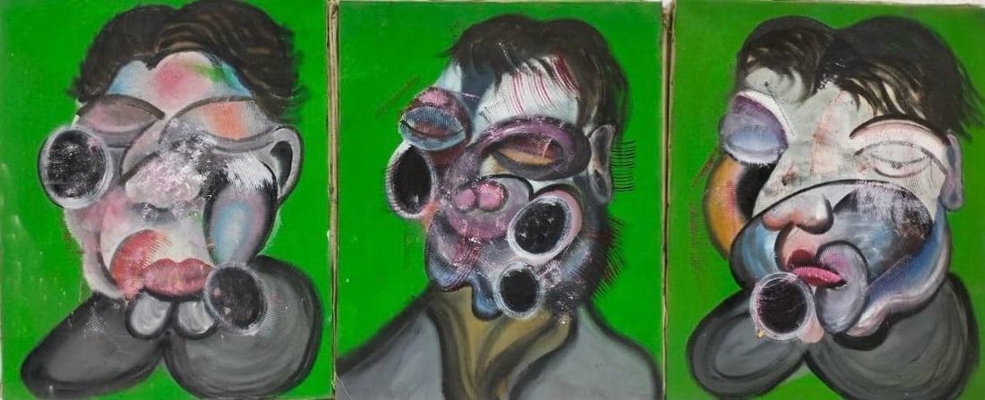 Francis Bacon Irish-British 1909-1992 Oil on Canvas Painting in the Style of Lucian Freud, Alberto: Title: Study for Self-Portrait Technique: Oil on Canvas Measures: 19 x 15inches each Year: 1979 Condition: Good — stable, with minor surface wear and light craquelure consistent with ageProvenance:
