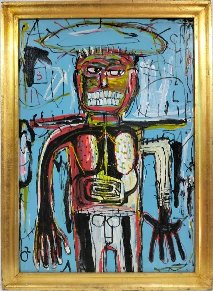 Jean-Michel Basquiat, American (1960–1988) Acrylic on Canvas Painting in the Style of Warhol,: Title: Warrior of the Streets Technique: Acrylic on Canvas Measures: 39 x 27 inches Year: 1982 Condition: Good — stable, with minor surface wear and light craquelure consistent with ageProvenance: P