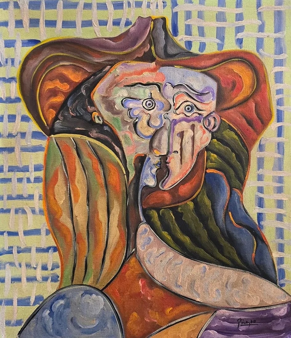 Pablo Picasso Spanish 1881-1973 Oil on Canvas Painting in the Style of Dali, Magritte, Chagall &: Title: Figure en Profil Technique: Oil on Canvas Measures: 20 x 17 inches Year: 1937 Condition: Good — light surface wear consistent with age; canvas remains firm and colors retain strong vibrancy.P