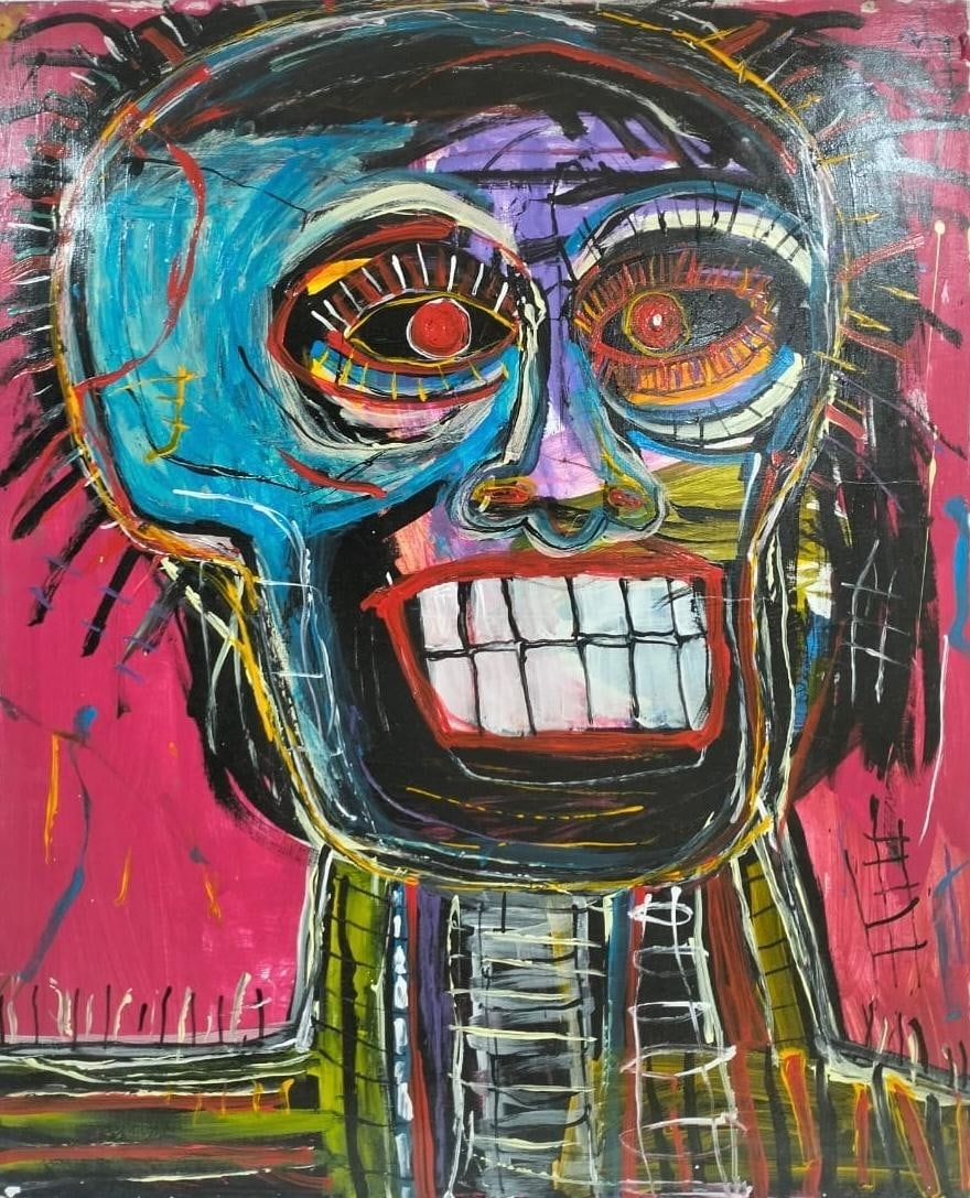 Jean-Michel Basquiat American 1960–1988 Acrylic on Canvas Painting in the Style of Warhol, Pollock: Title: Electric Skull Technique: Acrylic on Canvas Measures: 44 in x 35 inches Year: 1982 Condition: Good — stable, with minor surface wear and light craquelure consistent with ageProvenance: Privat
